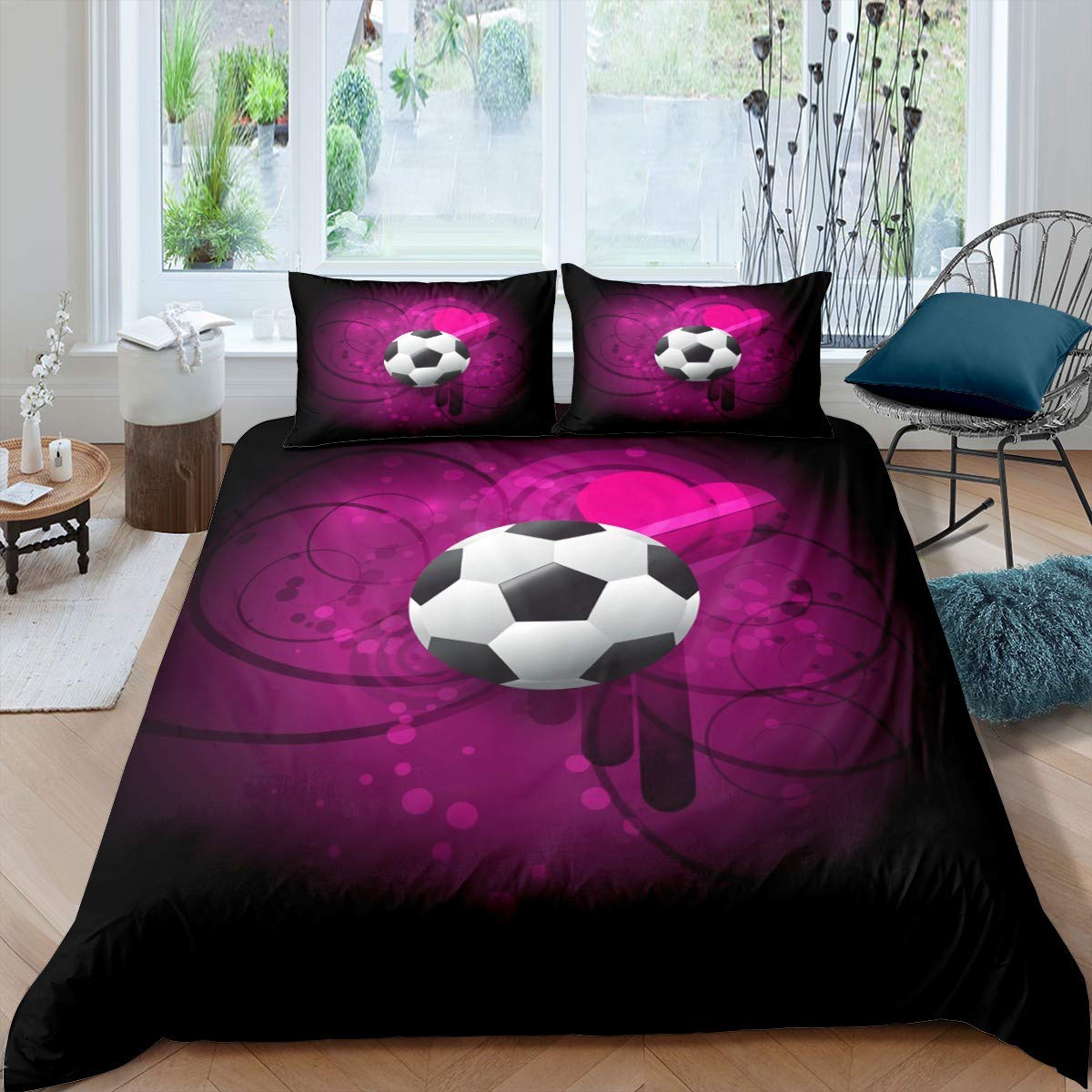 Twin Size Soccer Comforter Cover - Football Themed Duvet Cover Set for Kids & Teens with Geometric Heart Design, Includes 1 Pillowcase - Soft Sports Bedding for Boys Room Decor in Purple | Perfect for Soccer Fans' Bedrooms, Game Day Decor, and Youth Sports Theme Rooms