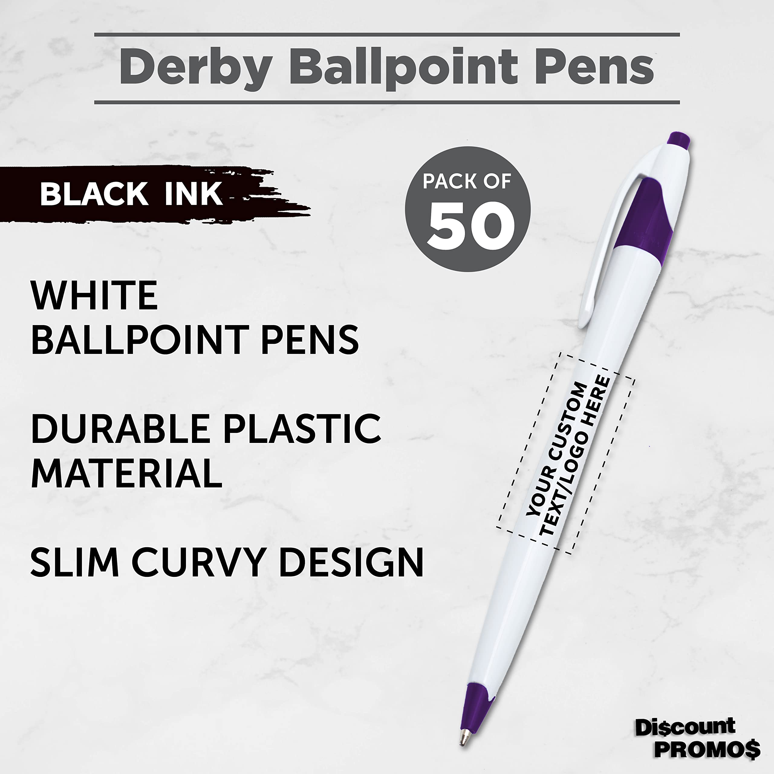 Custom Slim Curvy Ballpoint Pens - 50 Pack Bulk Personalized Promotional Pens with Black Ink | Retractable Office & School Supplies | Perfect for Business Gifts, Tradeshows, Branding Events (Purple)