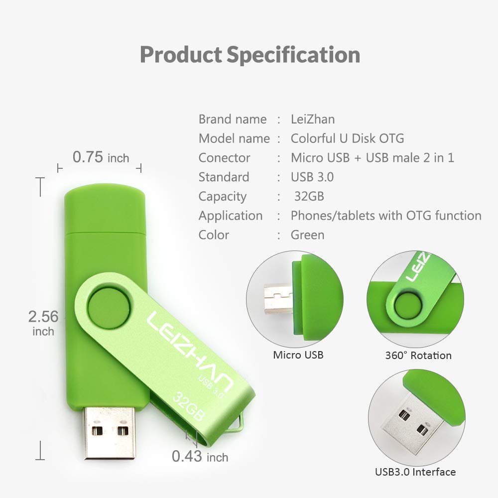 LEIZHAN 32GB USB 3.0 OTG Flash Drive - Dual Port for Android & PC - Green