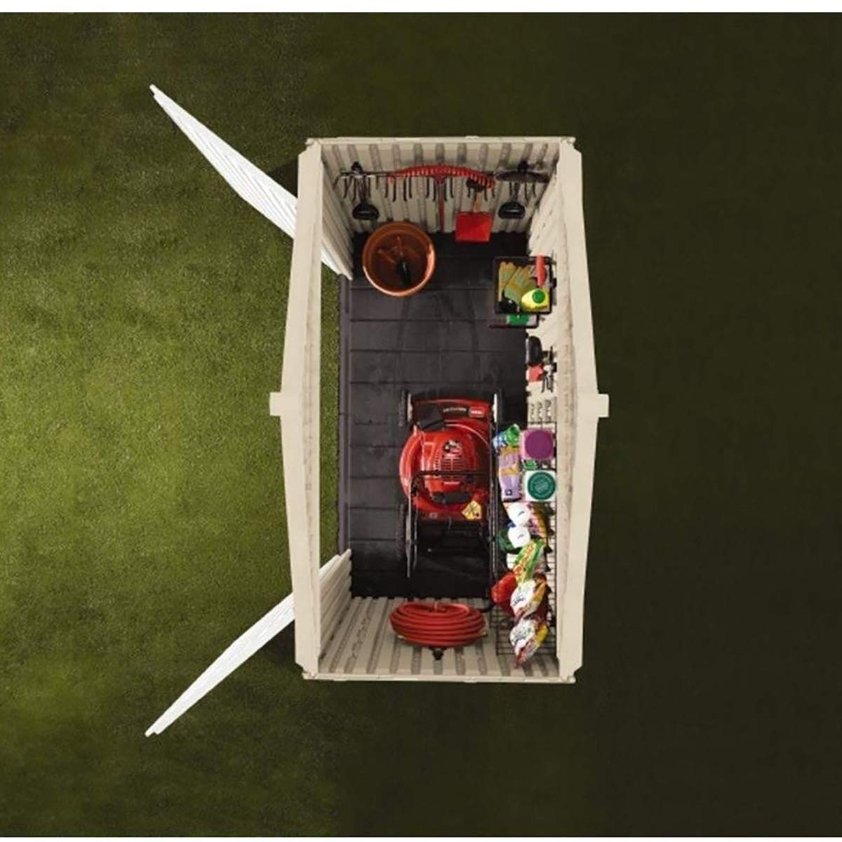 Rubbermaid Resin Outdoor Storage Shed 7x3.5 Ft with Floor - Weather-Resistant Beige & White Garden Shed for Backyard Organization - Perfect for Storing Lawn Mowers, Bikes, Pool Supplies & Gardening Tools - Ideal for Home, Yard & Patio Storage Solutions
