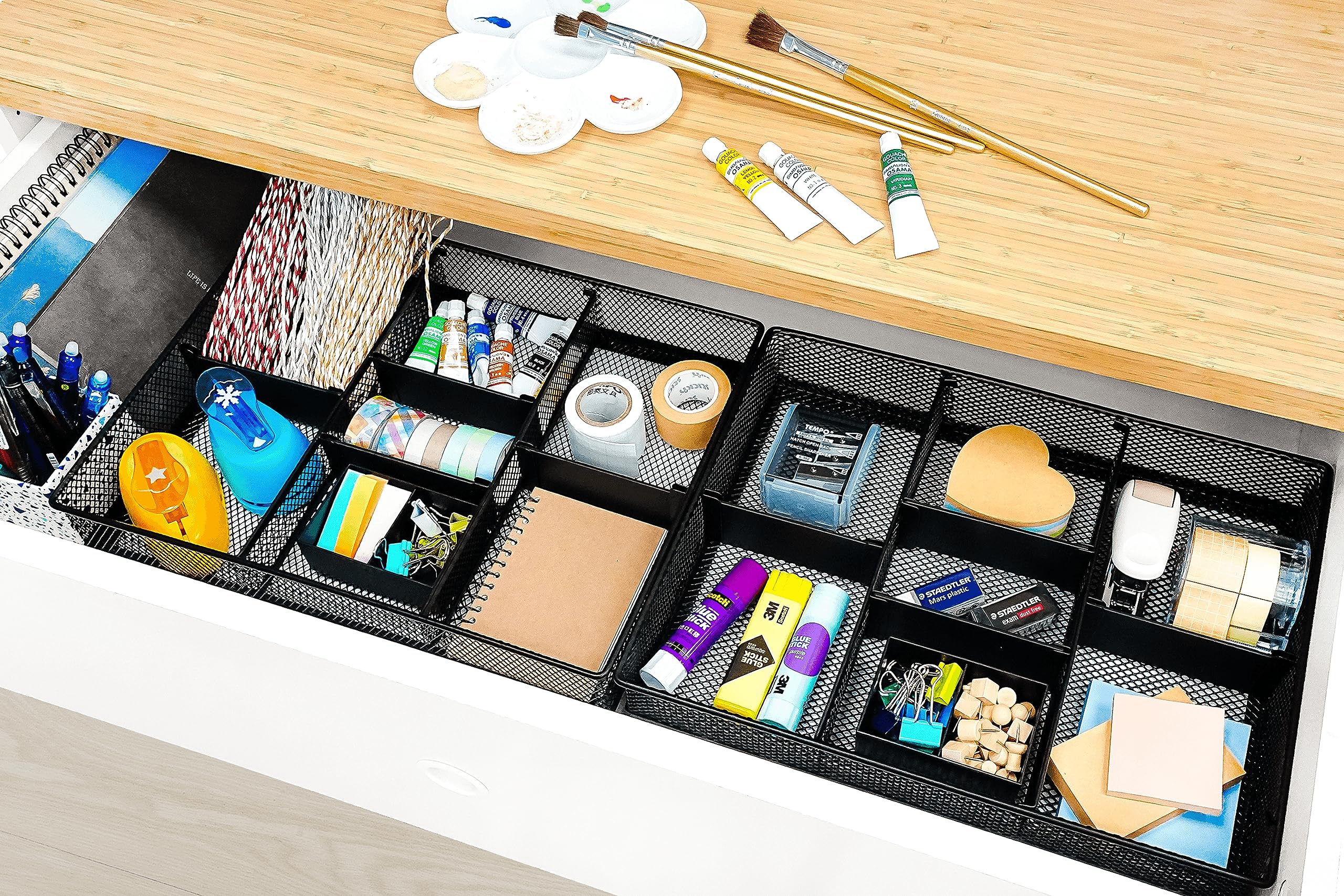 CAXXA Mesh 3-Slot Desk Drawer Organizer with 4 Adjustable Dividers - Black | Office Supplies Storage for Pens, Paper Clips & Small Items | Perfect for Home, Office & School Organization