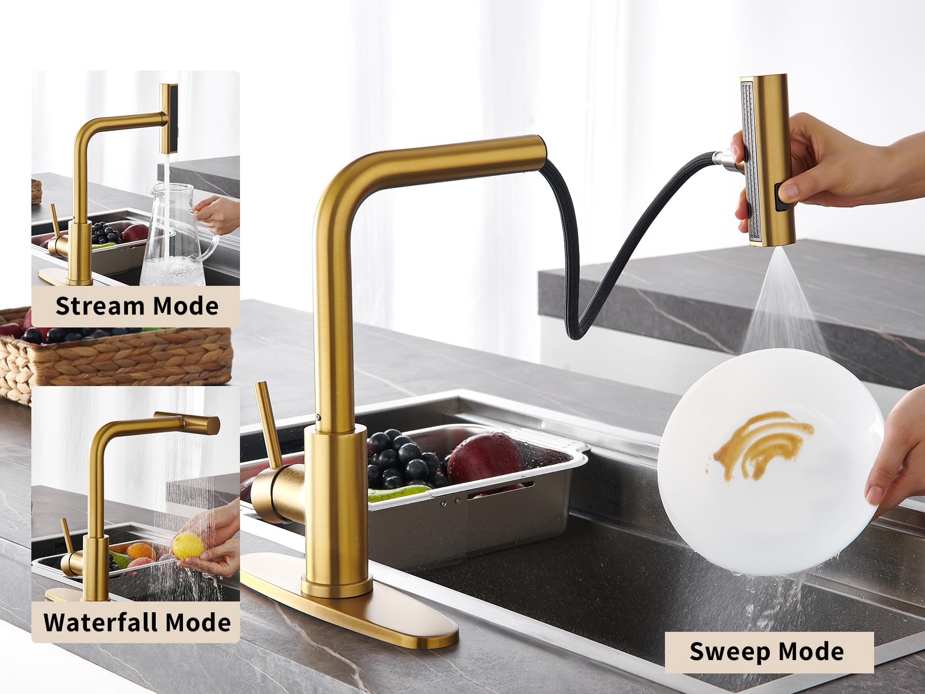 Tohlar Brushed Gold Kitchen Faucet with Pull Down Sprayer - 3 Function Waterfall Sink Faucet, Single Lever Handle for Modern Kitchens | Perfect for Cooking, Washing Dishes & Filling Pots