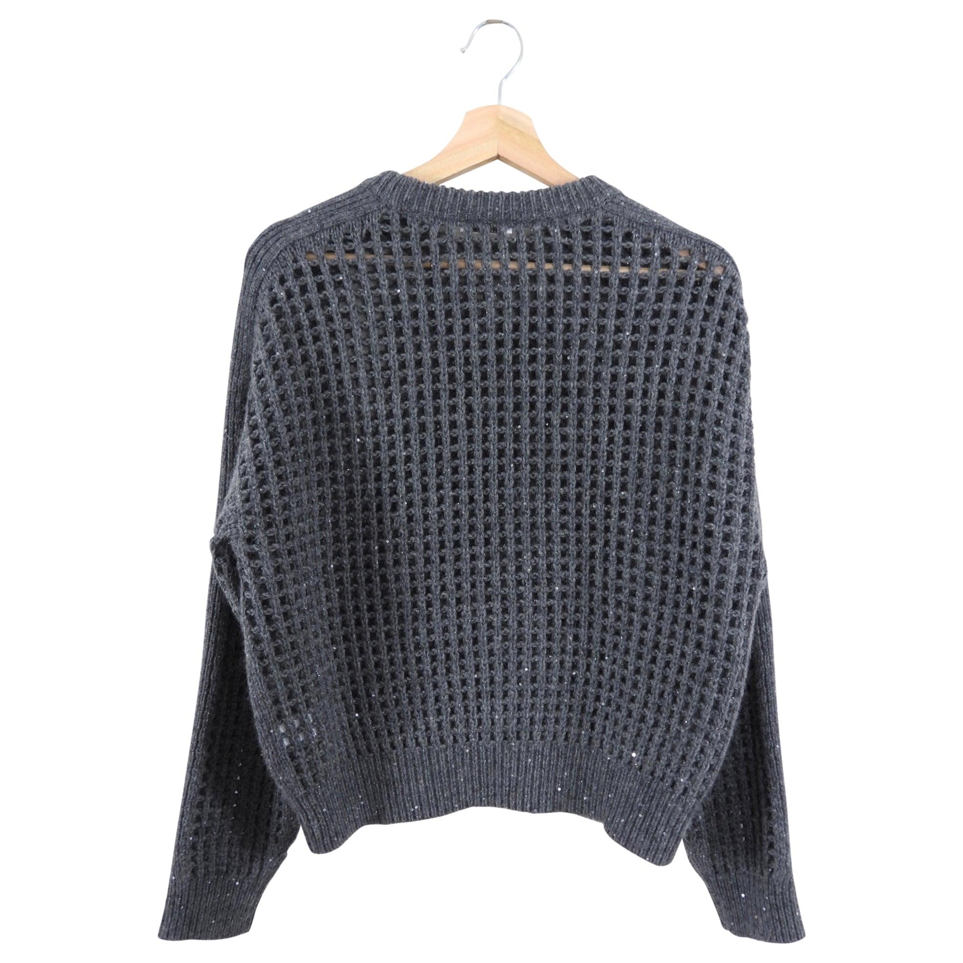 Brunello Cucinelli Grey Cashmere Sweater with Grid Knit & Sequin Details - Elegant Shimmer for Women's Luxury Fashion - Perfect for Holiday Parties & Evening Events