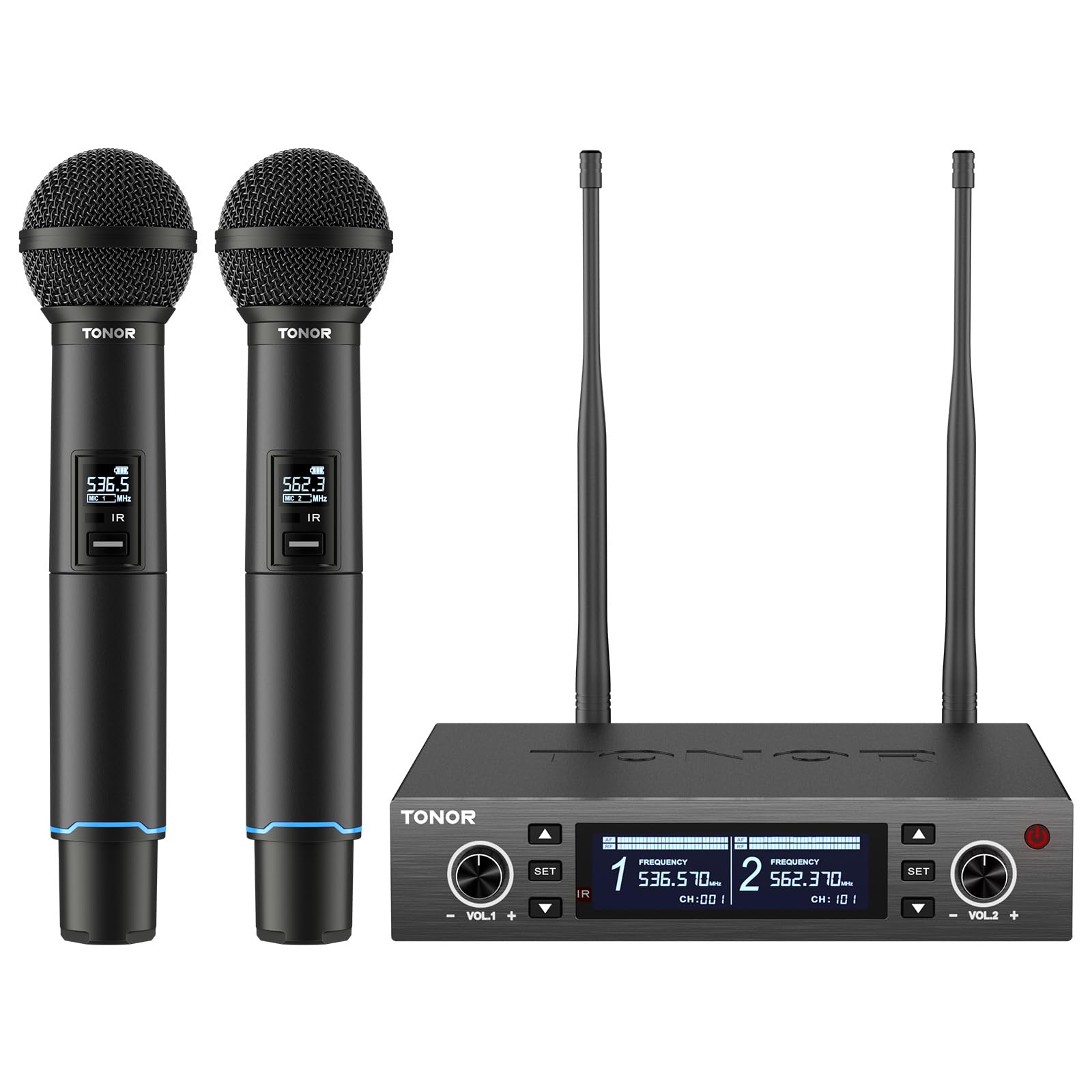 TONOR Wireless Microphone System with Auto Scan & Pair, Professional Rechargeable UHF Wireless Mic Set - 2 Dynamic Mics, 328ft Range for Karaoke, Church, Wedding, DJ & Events - Perfect for Live Performances, Public Speaking & Stage Shows (TW750)
