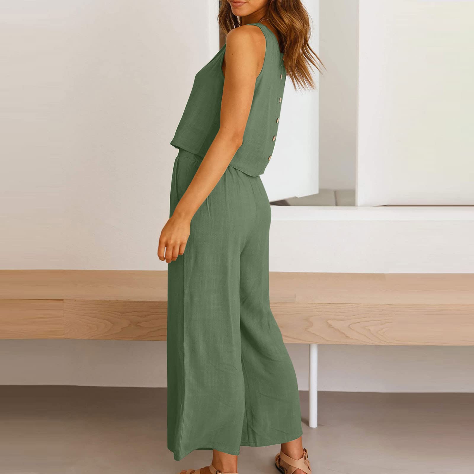 Women's 2-Piece Linen Outfit Set - Sleeveless Crop Top & Wide Leg Pants | Summer Matching Lounge Set | Perfect for Beach Vacations, Casual Outings & Boho Style