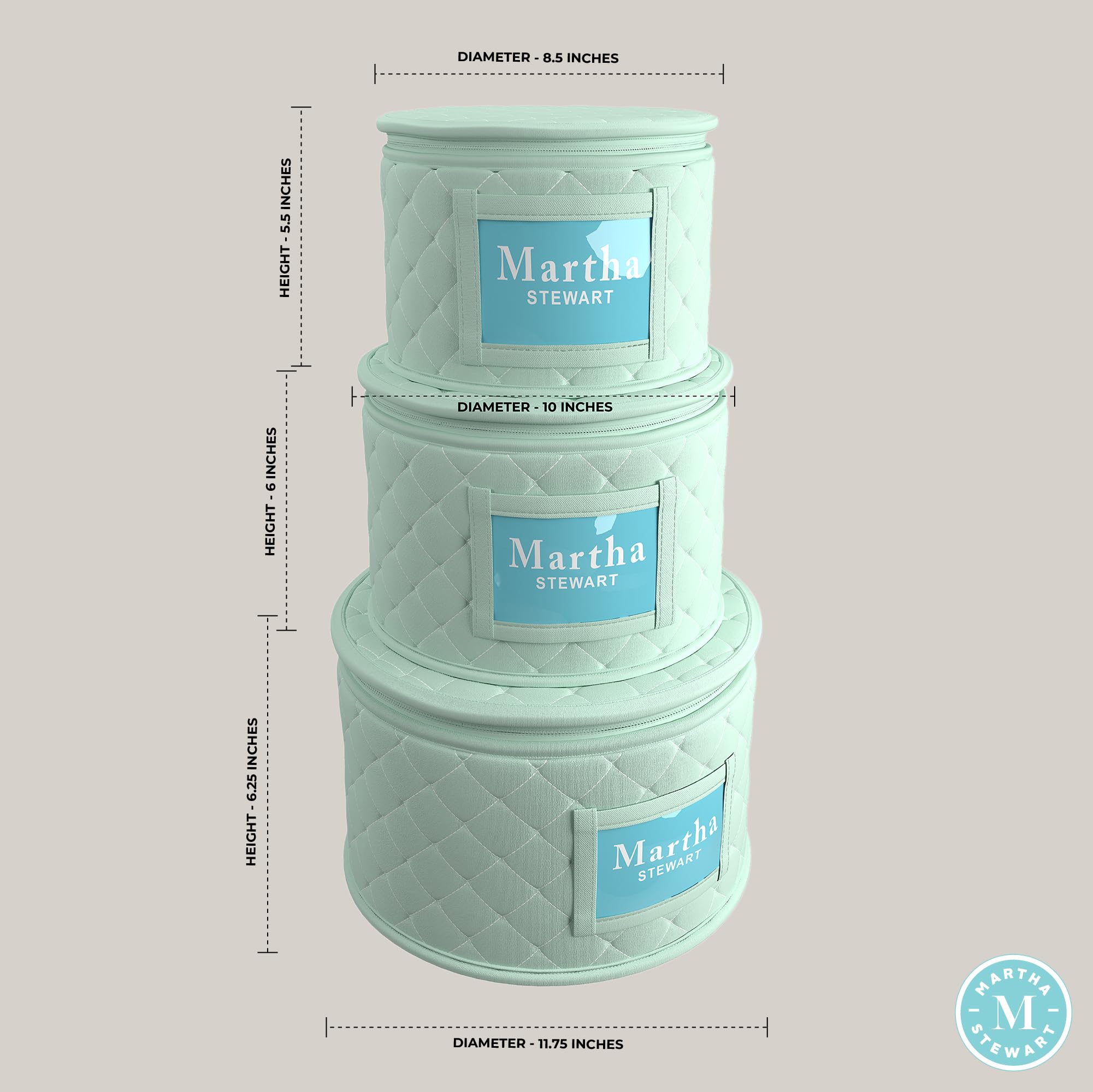 Martha Stewart 3-Piece Dinnerware Organizer Set with Felt Dividers - Plate Storage Case for Dessert, Salad & Dinner Plates, Stemware & Glassware - Perfect for Kitchen Cabinet, Buffet Server & Dining Room Organization