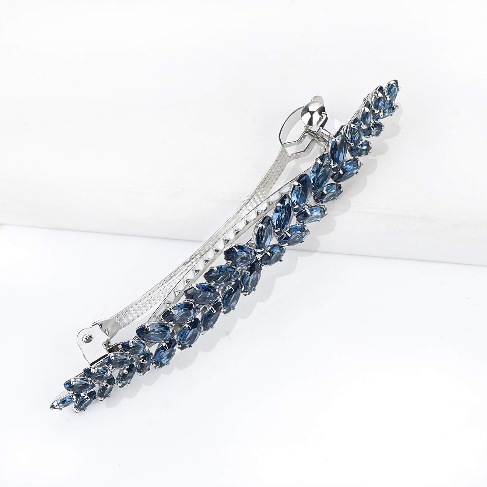 Sparkly Crystal Flower Leaf Hair Barrette Clips for Women - Elegant Bridal Wedding Prom Party Hair Accessories (Navy Blue) | Perfect for Special Occasions, Date Nights & Formal Events