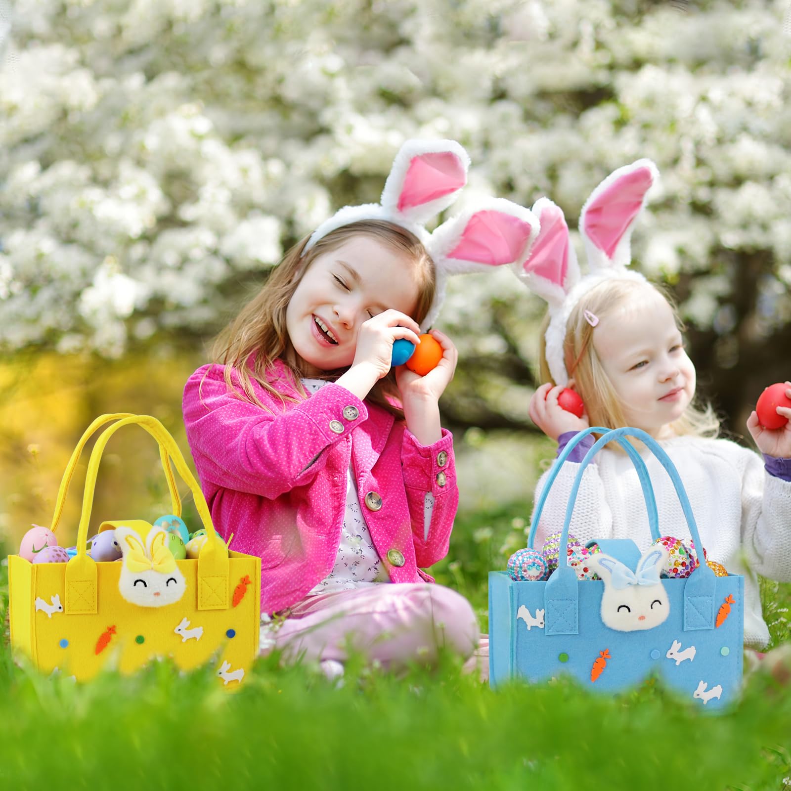 Easter Baskets with Handles - 4 Pack Reusable Felt Bunny Tote Bags for Easter Egg Hunt, Party Favors, Gift Wrapping & Easter Decorations - Perfect for Kids Easter Party, Spring Celebrations & Holiday Gift Giving