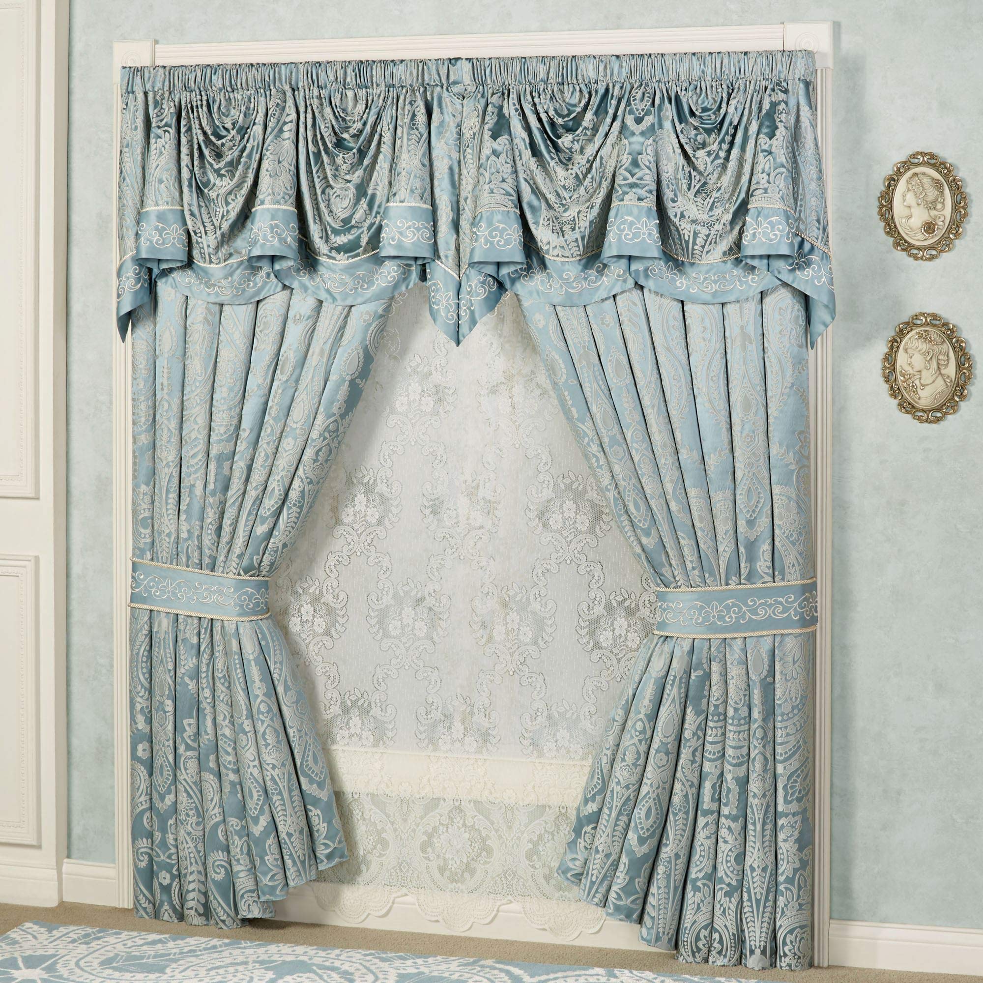 Elegant Parisian Blue Jacquard Woven Window Valance with Regency Scrollwork - 110