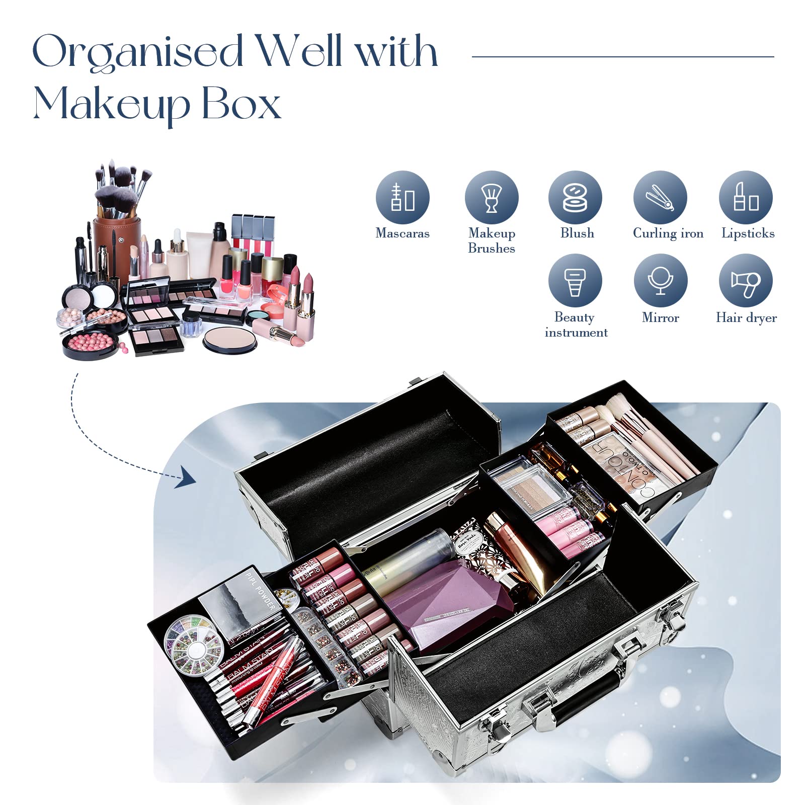 Joligrace Makeup Organizer Box - 4-Tier Vanity Storage Case with Key Lock for Cosmetics, Nail Polish & Beauty Accessories (32 x 21 x 26 cm) - Perfect for Bedroom, Bathroom & Travel Organization