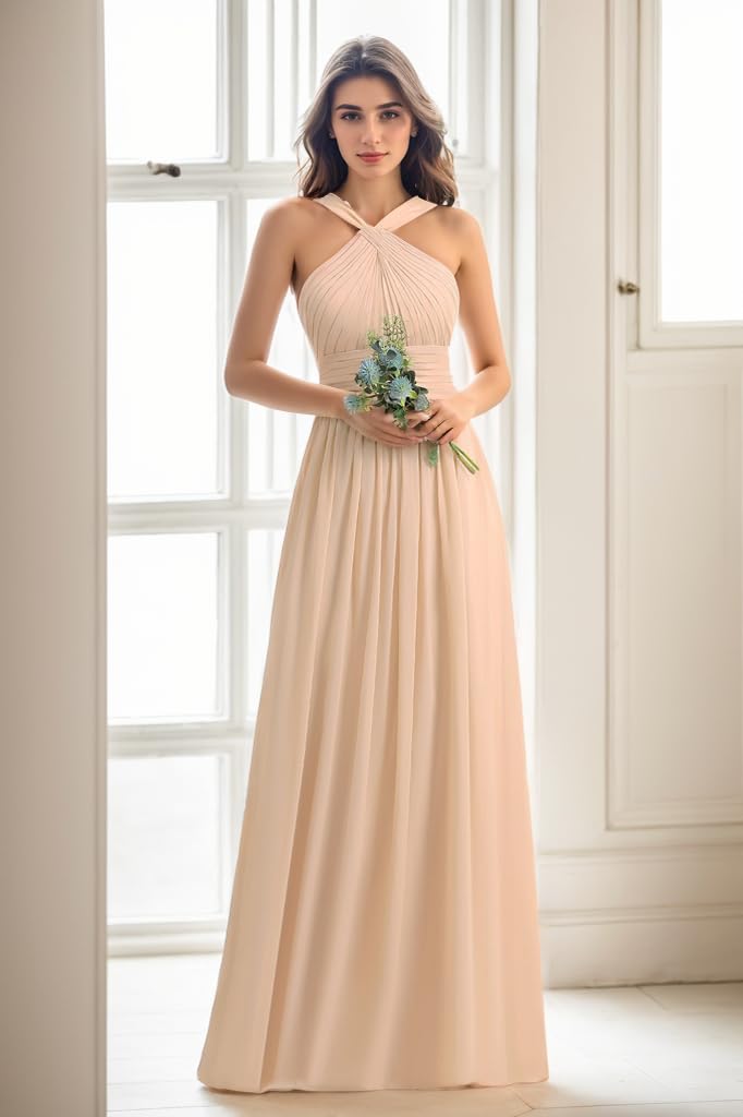 Elegant A-Line Long Pleated Chiffon Bridesmaid Dress for Women - 2024 Wedding Party Formal Gown - Perfect for Bridesmaids, Evening Banquets and Special Occasions