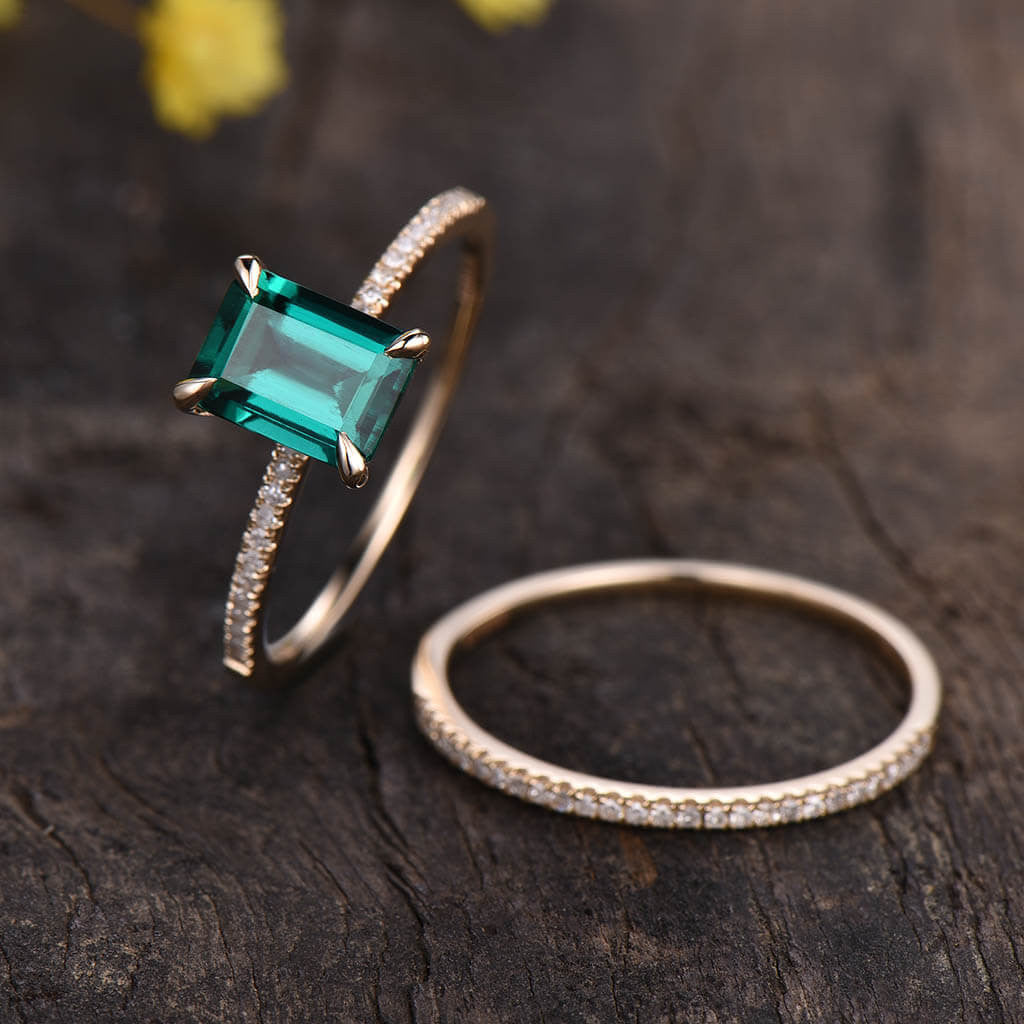 Handmade 14K Yellow Gold Emerald Engagement Ring & Wedding Band Set - Lab-Created Emerald Cut Birthstone Promise Ring for Women | Perfect for Proposals, Anniversaries & Bridal Jewelry