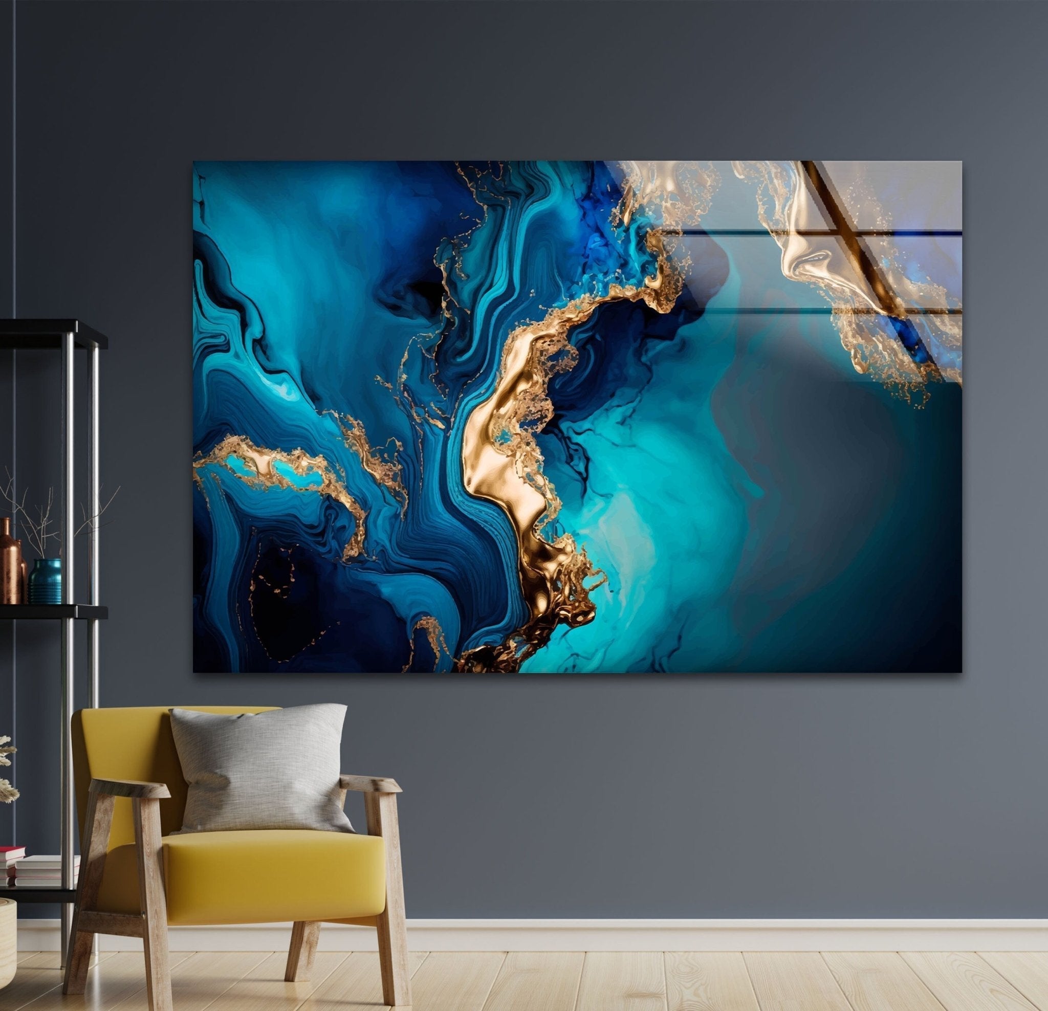 Abstract Turquoise Marble Glass Wall Art - Modern Home Decor for Living Room, Bedroom & Office - Handmade Blue and White Marbleized Glass Panel