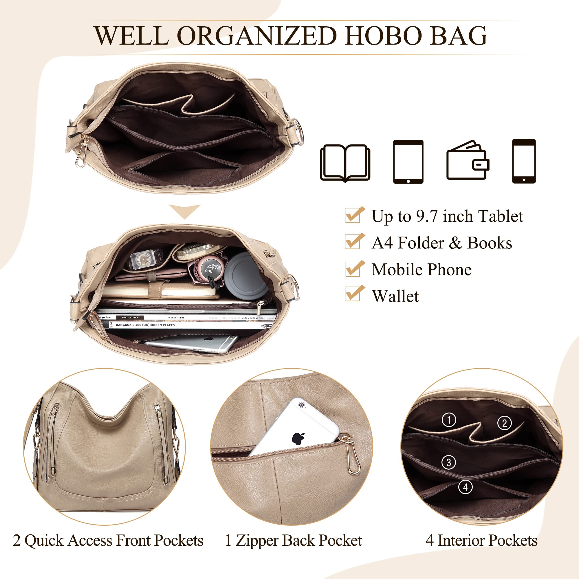 **Kasqo Vegan Leather Hobo Bags for Women - Large Shoulder Purses & Handbags, Fashion Satchel Tote Bag for Work, Travel & Everyday Use**