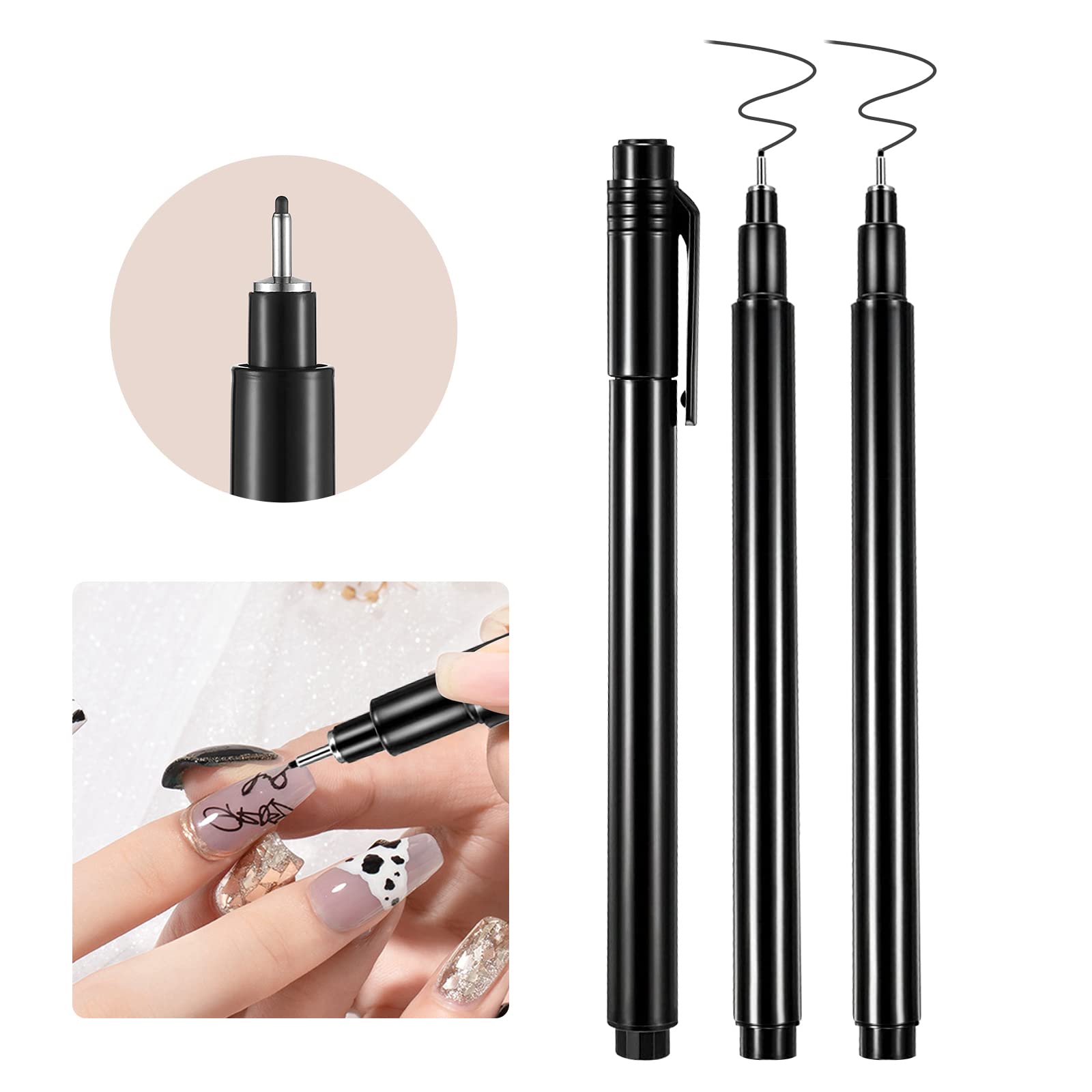 3-Piece Nail Art Pen Set - Waterproof Fine Tip Liner Brush for DIY Abstract Lines & Flower Designs | Professional Nail Art Supplies Tools (Black) | Perfect for Salon, Home Manicures & Creative Nail Art Designs
