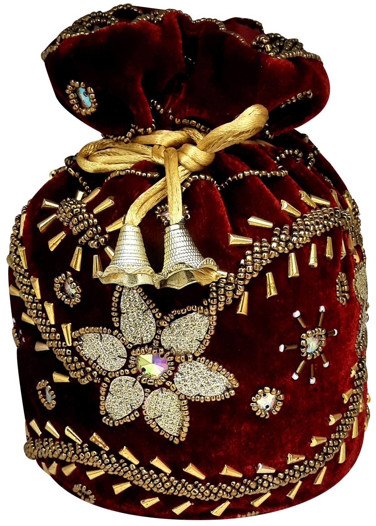 Lookingfab Designer Rajasthani Style Silk Potli Velvet Bridal Purse with Gota Patti - Handmade Jaipuri Resham Potli Women's Handbag for Weddings & Special Occasions | Indian Ethnic Handicraft Decorative Silk Clutch