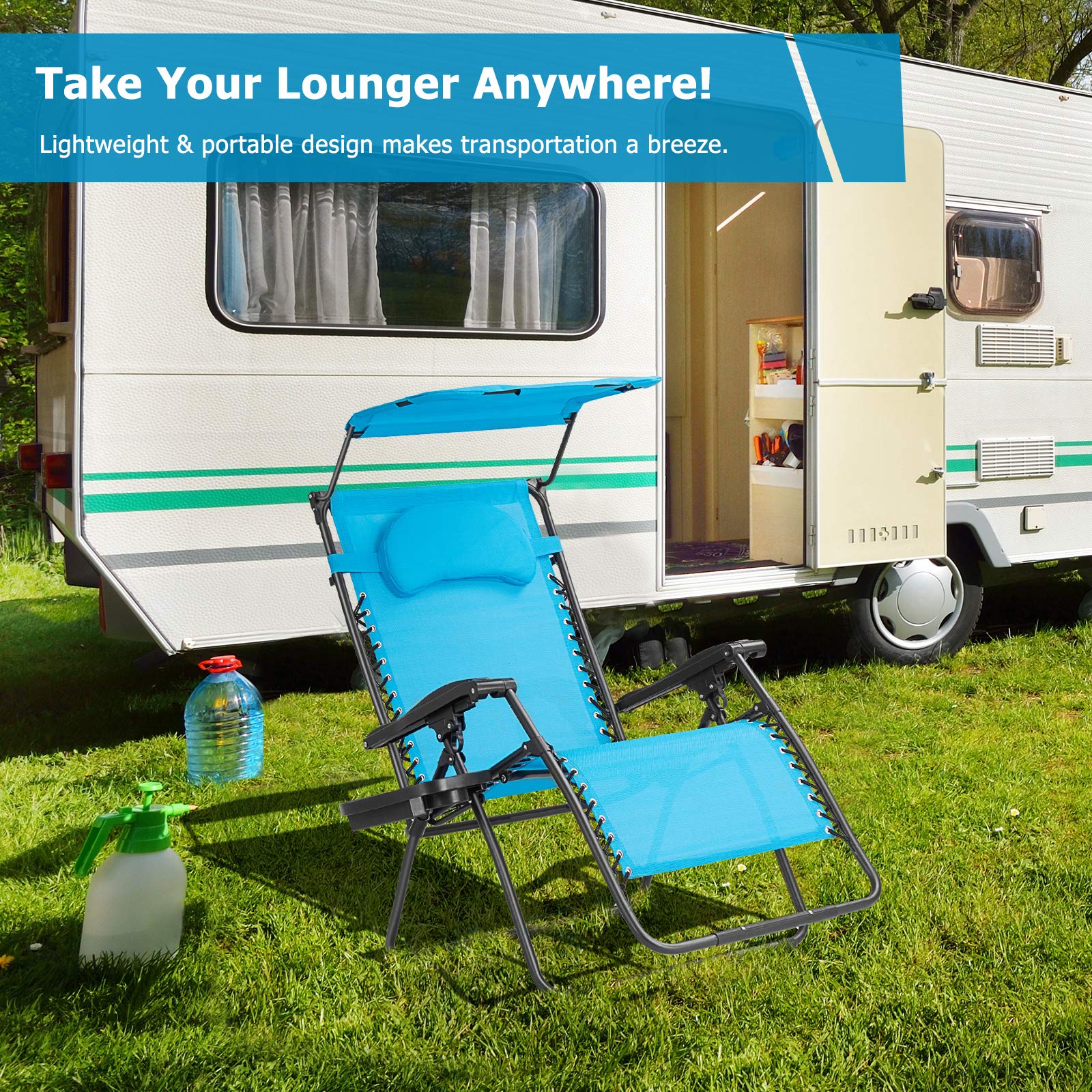 Moccha Zero Folding Gravity Recliner Lounger Chair with Adjustable Headrest & Lumbar Support - Patio Outdoor Lounge Chair with Shade Canopy & Locking System (Blue) - Perfect for Backyard, Poolside, Beach & Camping Relaxation