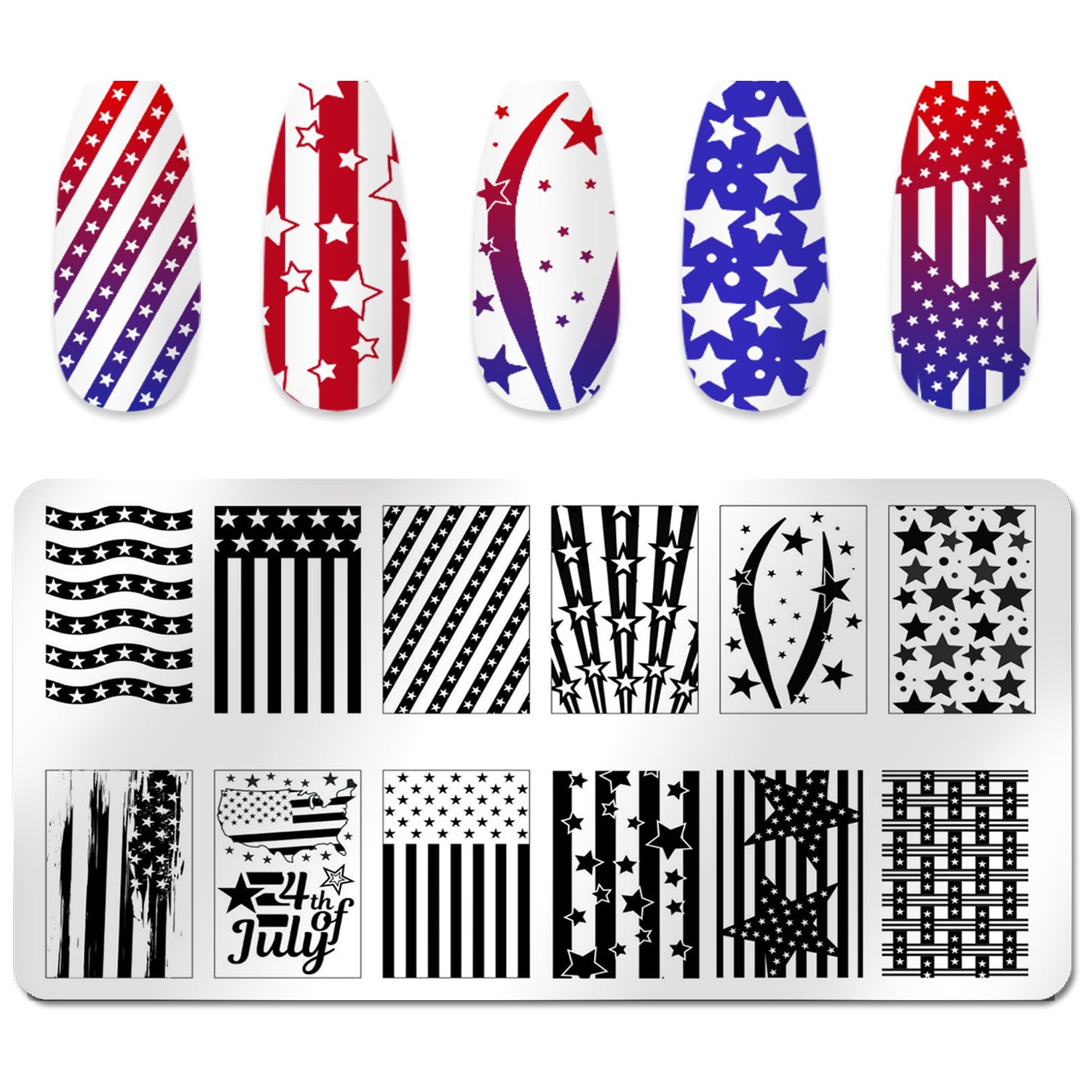 WOKOTO 6Pcs Independence Day Nail Stamping Plates Kit - American Flag & Stars Nail Art Design Stamp Plates for Women, DIY 4th of July Manicure - Perfect for Patriotic Holidays, Summer Nail Art & Party Nail Designs