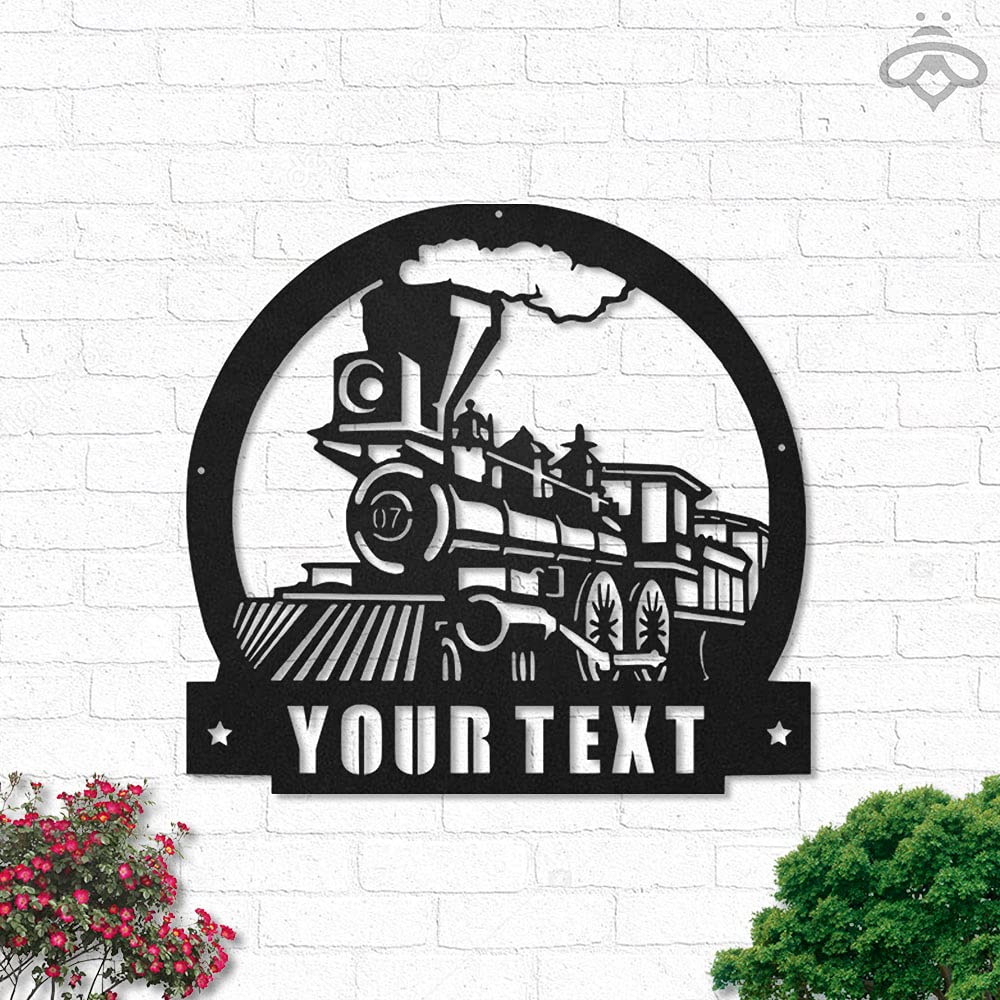 Personalized Train Metal Wall Art with LED Lights - Custom Name Sign for Living Room, Station & Outdoor Decor - Black Metal Art Home Gift (24x24 Inches, Illuminated) | Perfect for Home Décor, Train Enthusiasts & Unique Gift Giving