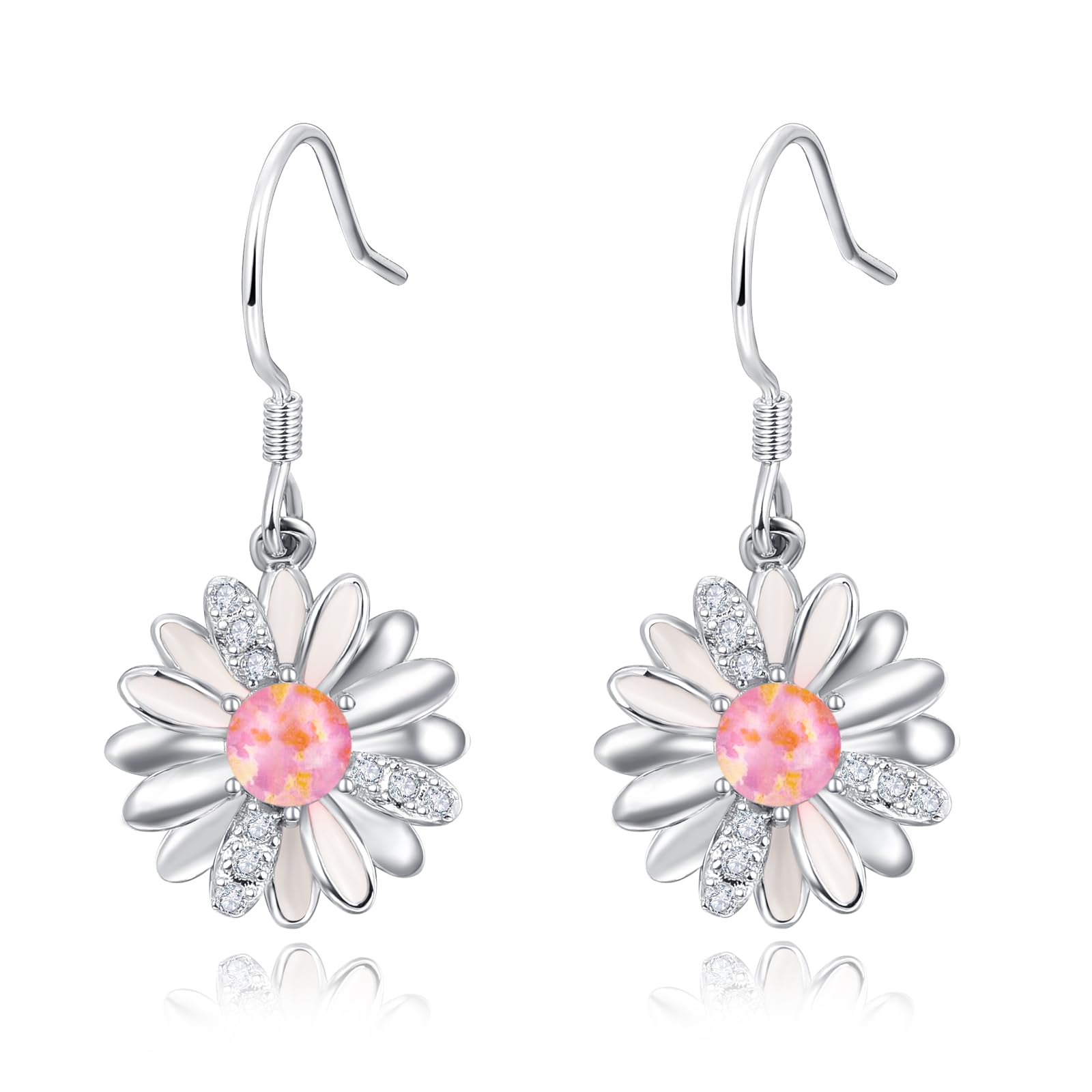 KINGWHYTE 925 Sterling Silver Daisy Dangle Earrings with Opal - Elegant Floral Jewelry for Women & Girls | Perfect for Weddings, Parties & Everyday Wear
