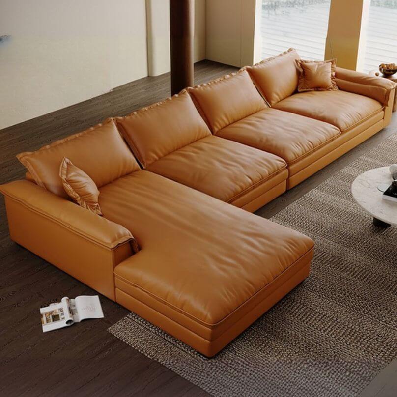 L-Shaped Sectional Sofa with Chaise Lounge in Amber Brown - Modern Left-Facing Corner Couch for Living Room, Apartment & Small Spaces