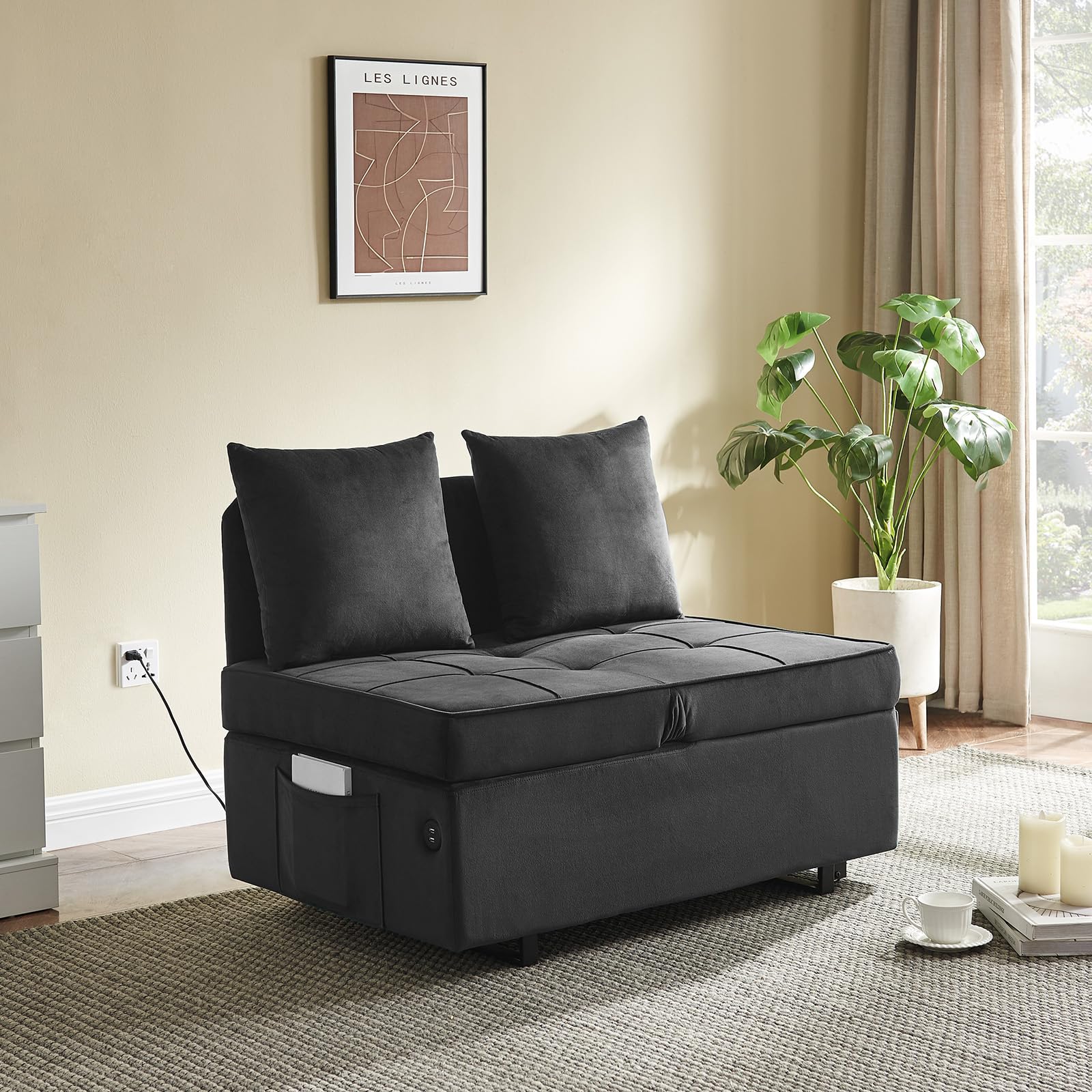 4-in-1 Convertible Velvet Sofa Bed with USB Ports - Sleeper Sofa Chair, Pull Out Futon Couch & Ottoman Bed - 5 Adjustable Backrest & Pillow - Dark Grey for Small Spaces, Living Room, Guest Room & Studio Apartments