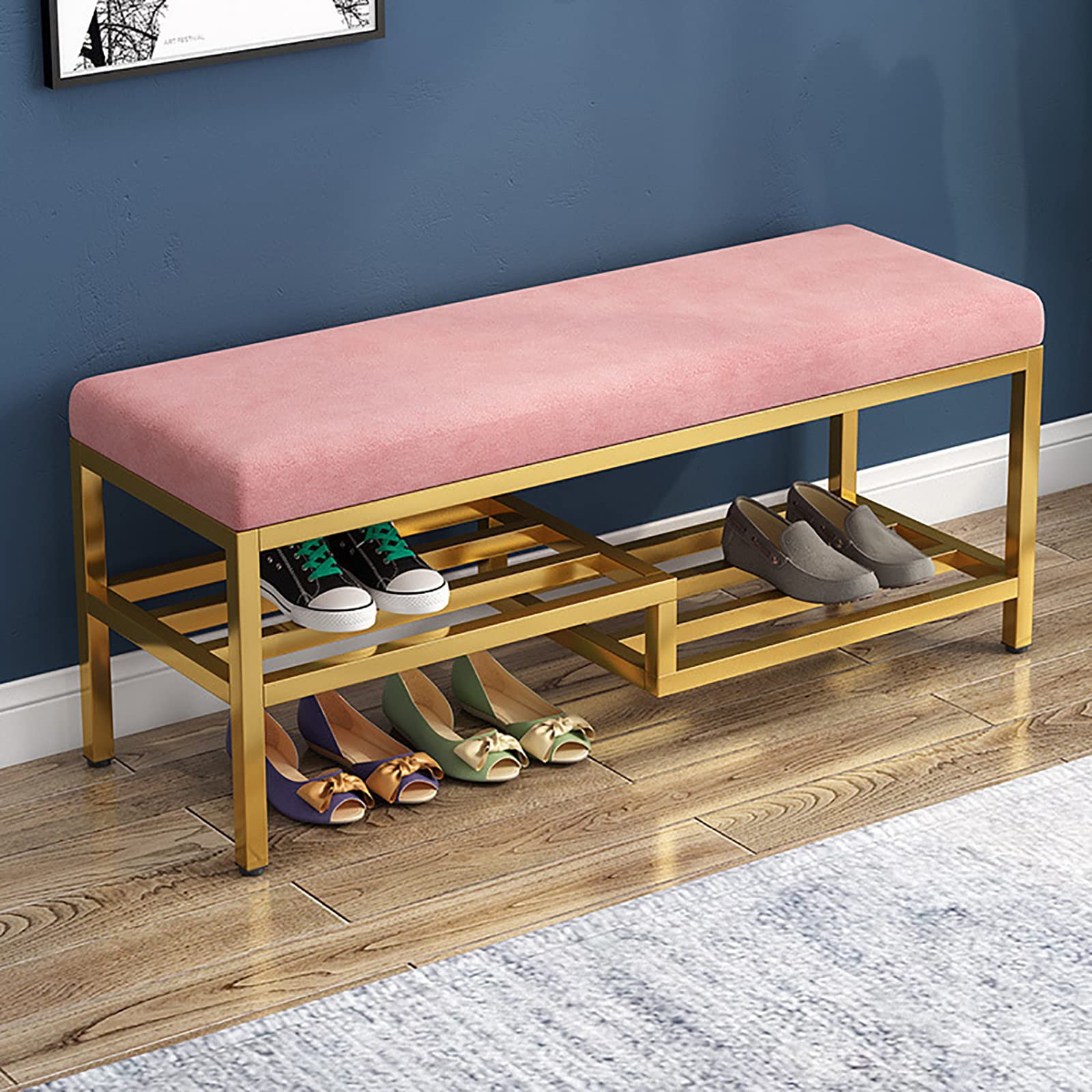 Modern Velvet Shoe Storage Bench with 3-Tier Metal Rack - Entryway Organizer for Living Room, Hallway (Pink, 60x35x50cm/24x14x20in) - Perfect for Small Spaces & Home Decor
