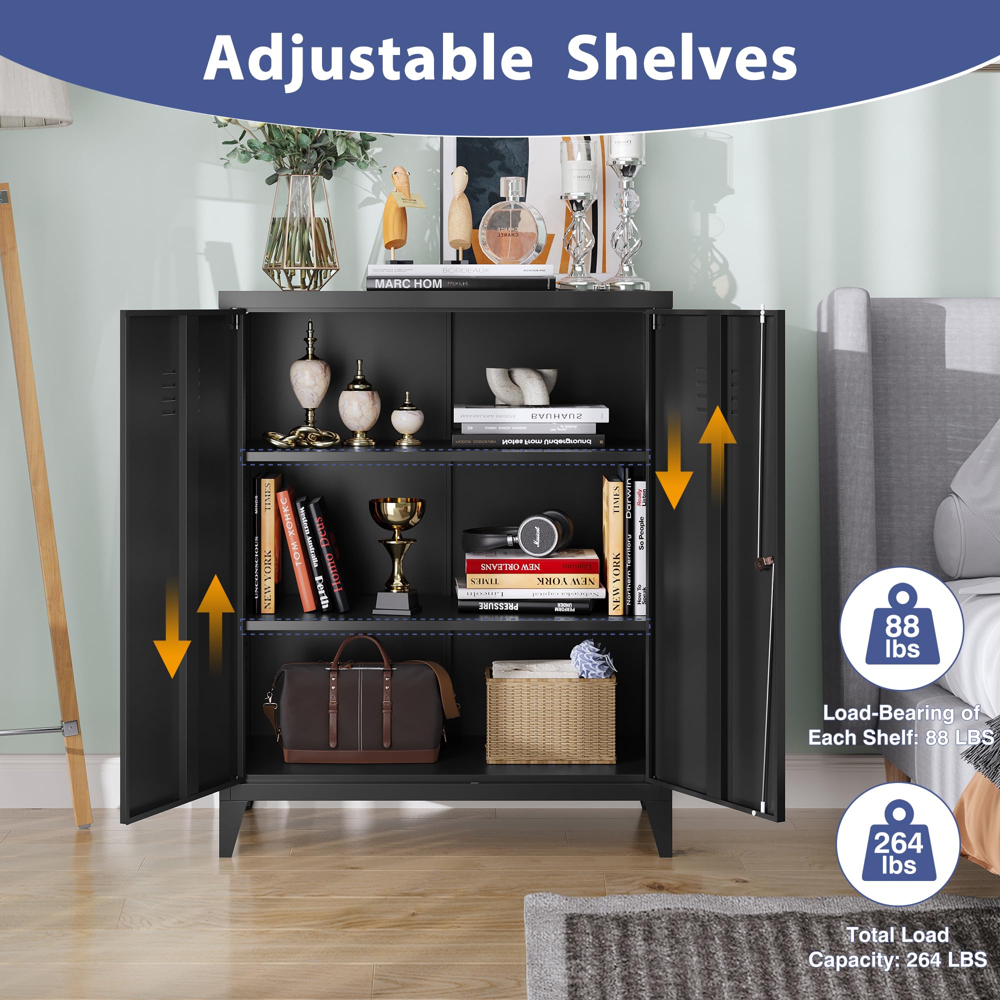 Black Metal Storage Cabinet with Doors & Adjustable Shelves - Home Office Organization Cabinet with Lock & Leveling Legs (Assembly Required) | Perfect for Office Supplies, Tools & Household Storage