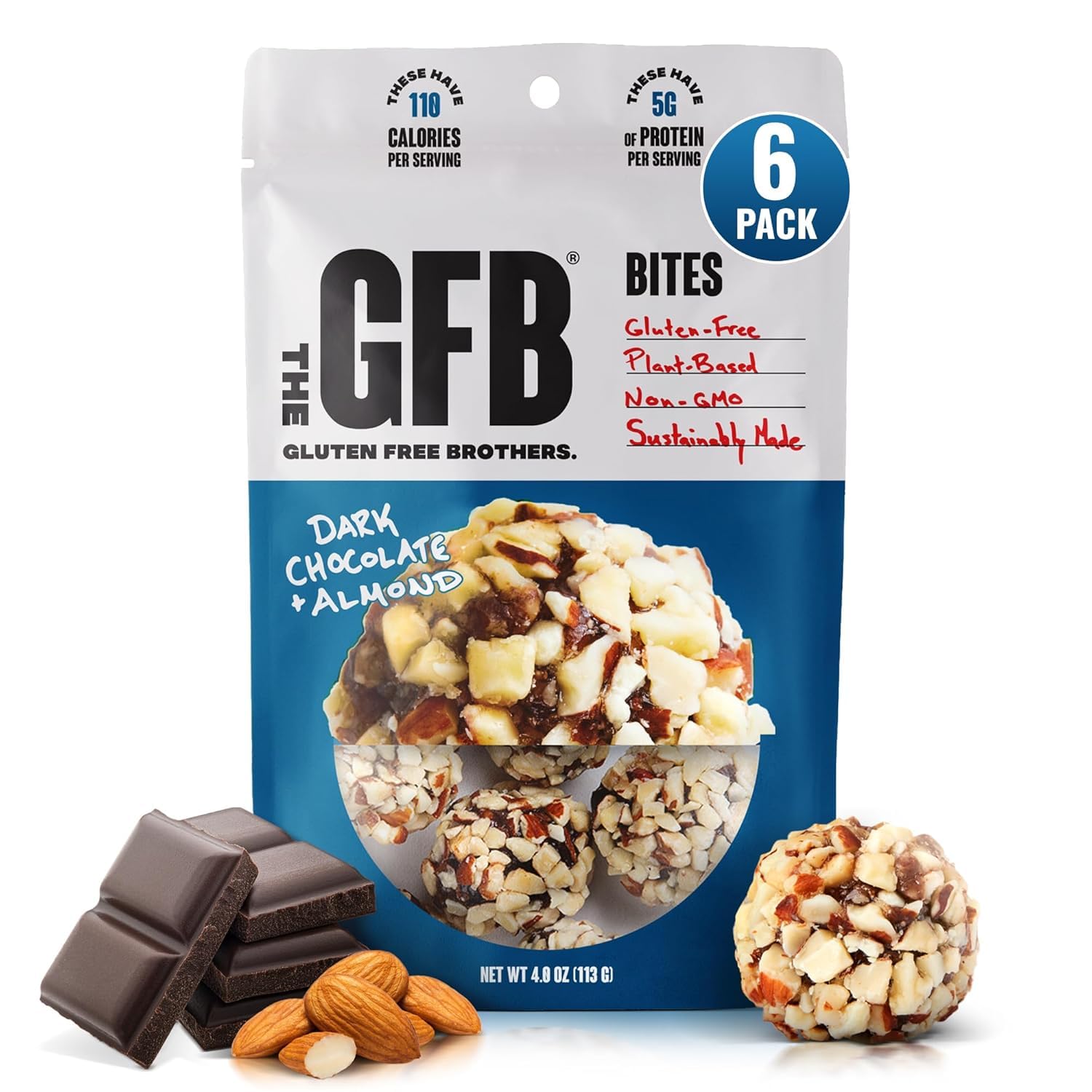 GFB Dark Chocolate Almond Protein Bites - Gluten Free, Vegan, Plant-Based, Non-GMO, Sustainably Made - Healthy Protein Energy Snacks, 4oz (6 Count) - Perfect for Post-Workout, On-the-Go & Keto Diet
