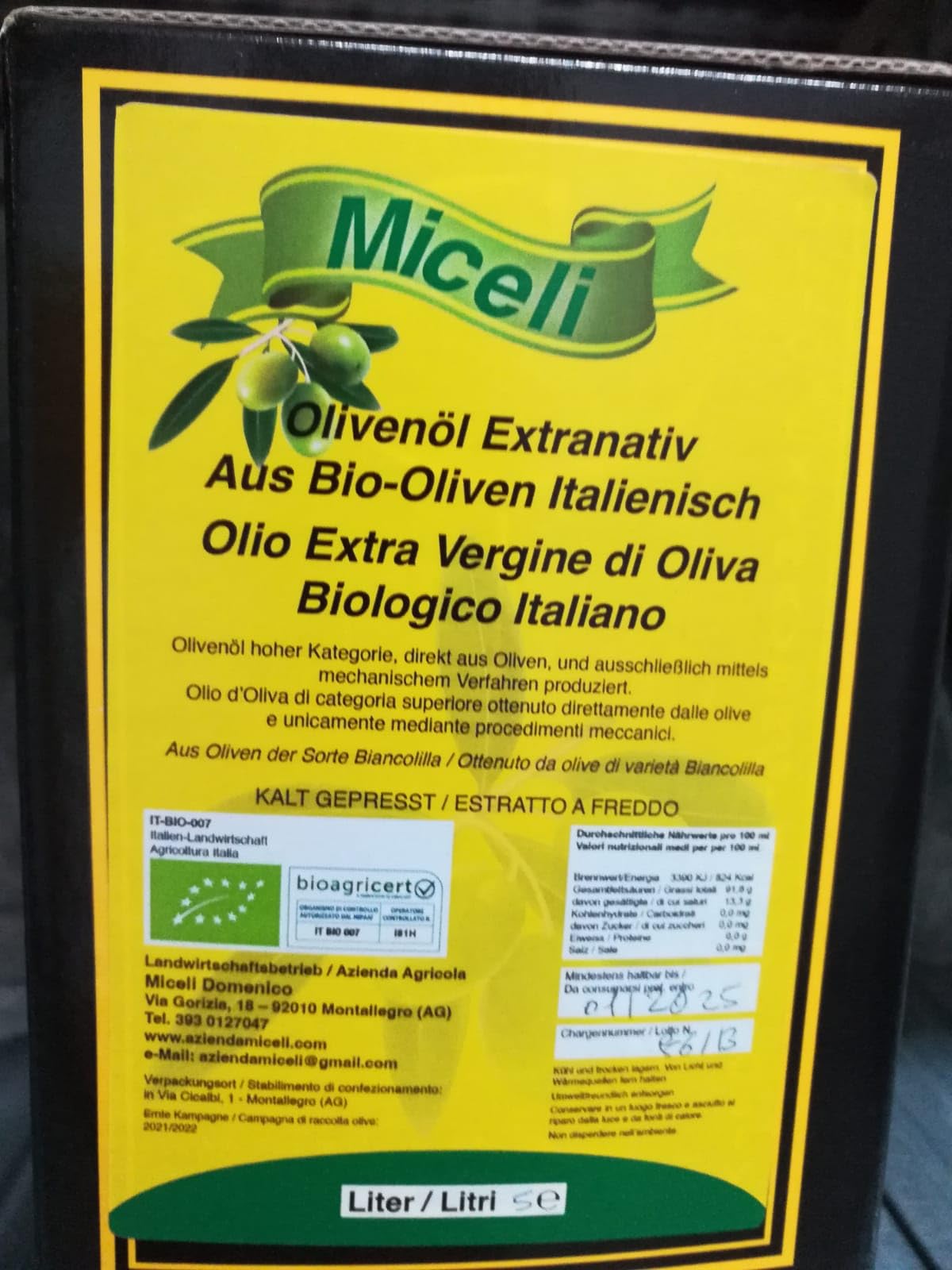 Miceli - 100% Italian Extra Virgin Olive Oil, Cold Pressed | 5 Liters | Bag in Box – Monovarietal Biancolilla Medium Fruity 2024-2025 Harvest | Perfect for Cooking, Salads & Gourmet Dishes