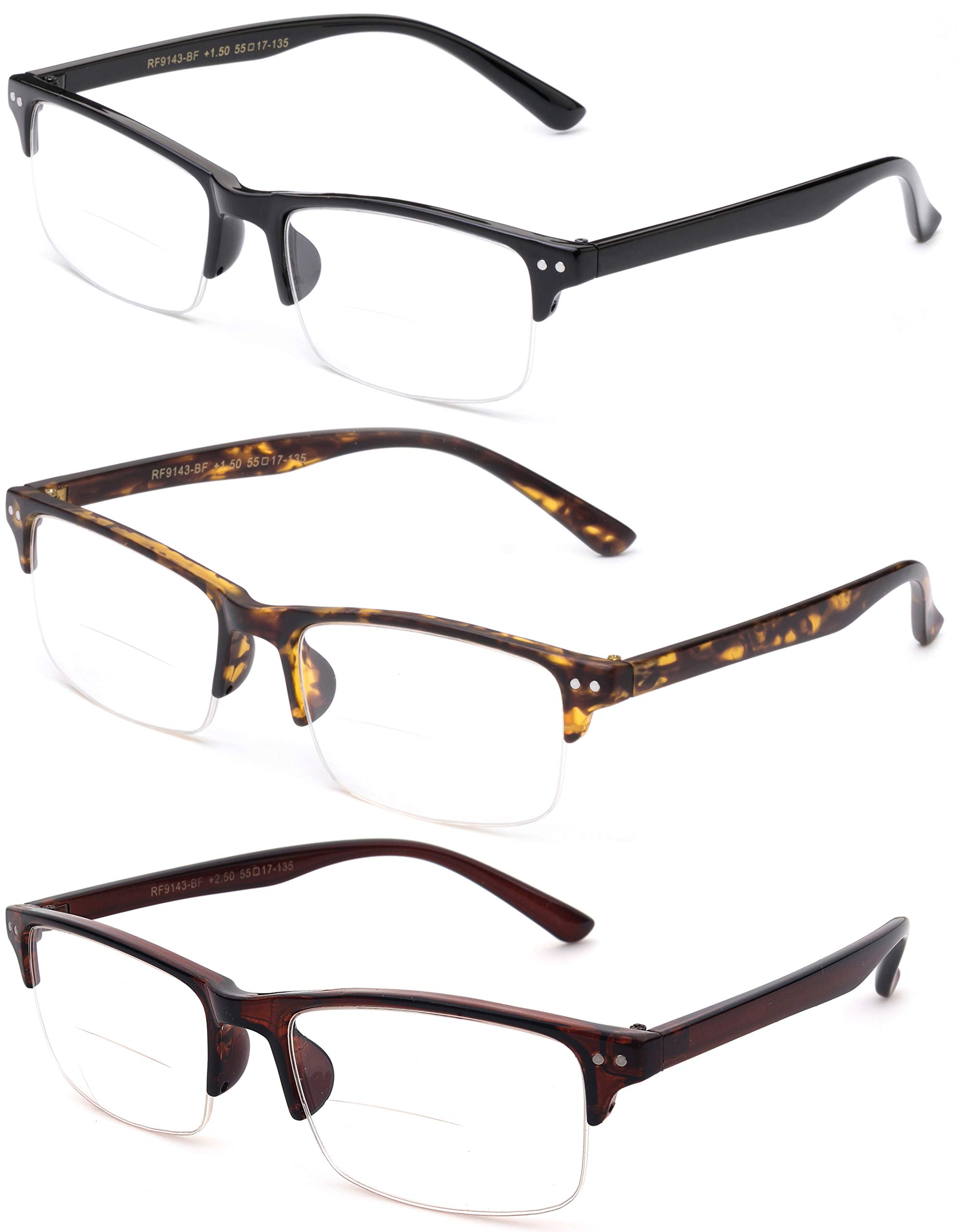 3 Pairs Bifocal Reading Glasses for Men - Half Frame Lightweight Readers with Storage Pouch - Perfect for Reading, Computer Work & Daily Use