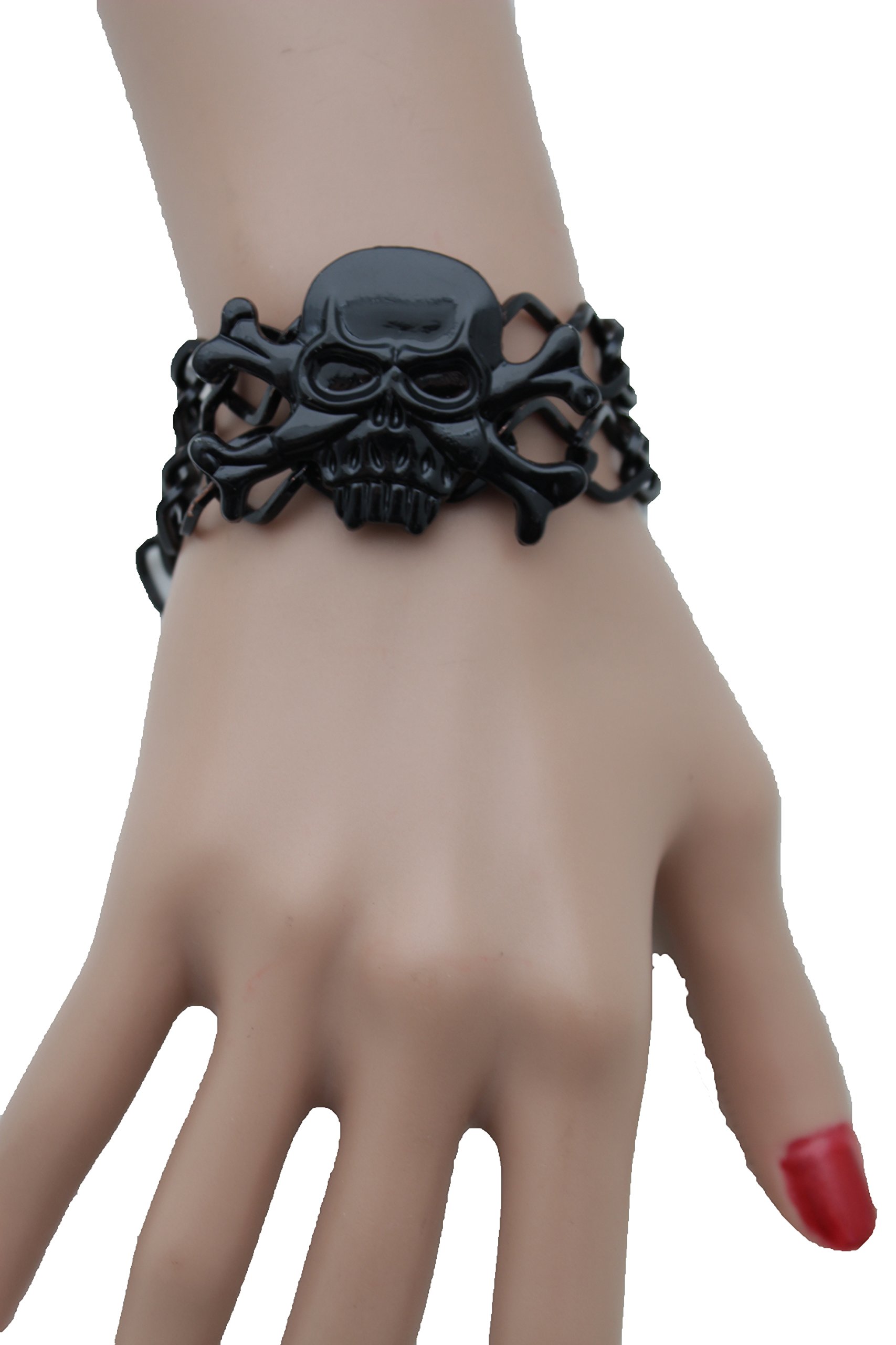 TFJ Women's Black Metal Chain Bracelet with Skeleton Skull & Pirate Bones Charms - Gothic Fashion Jewelry for Casual Wear, Halloween & Punk Outfits