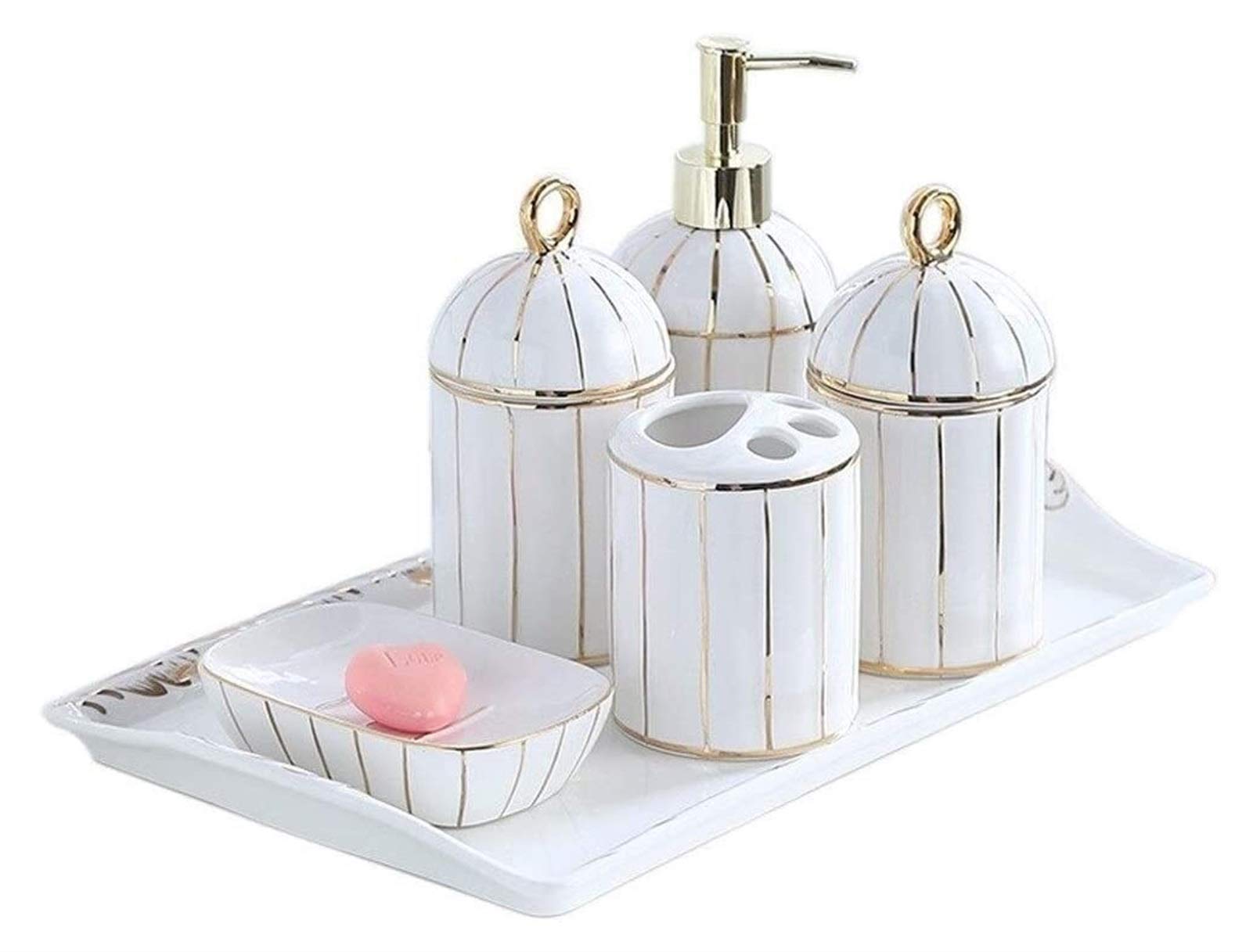 6-Piece Ceramic Soap Dispenser Set with Hand Sanitizer Dispenser, Soap Dish, Mouth Cup & Toothbrush Holder - Elegant Bathroom Countertop Accessories for Home, Hotel, and Spa Decor