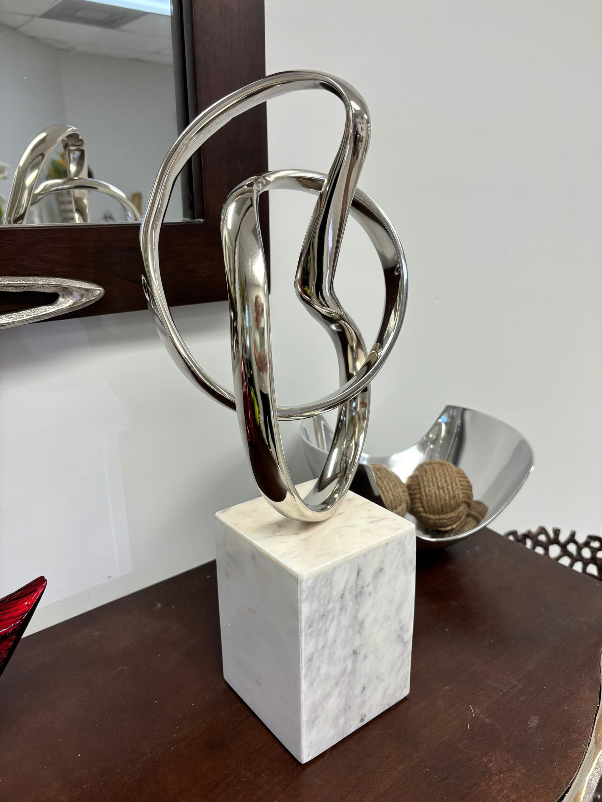 Modern Day Accents 4109 Lazo Abstract Sculpture - Silver & White Large Marble Home Decor for Living Room, Office or Tabletop - 17.5