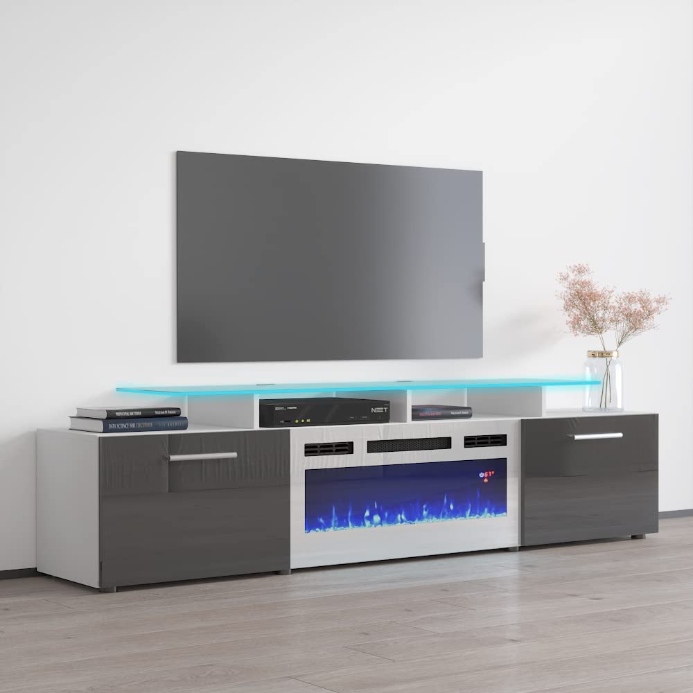 Modern High Gloss Rova WH-EF Fireplace TV Stand with Storage Cabinets & 16-Color LED Lights - White/Gray Entertainment Center for Living Room, Bedroom, Home Theater Setup