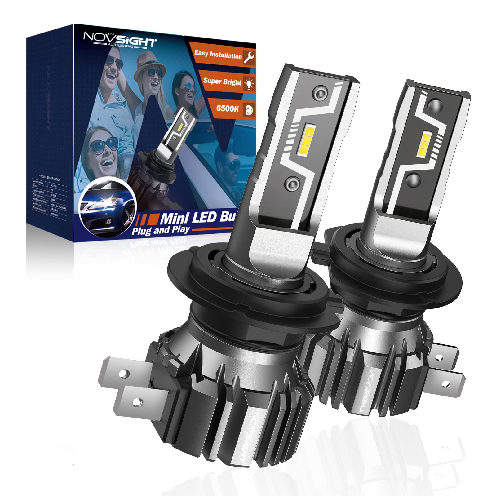 NOVSIGHT H7 LED Headlight Bulbs - 300% Brighter, 6500K Cool White - Perfect Halogen Replacement for Cars - Pack of 2