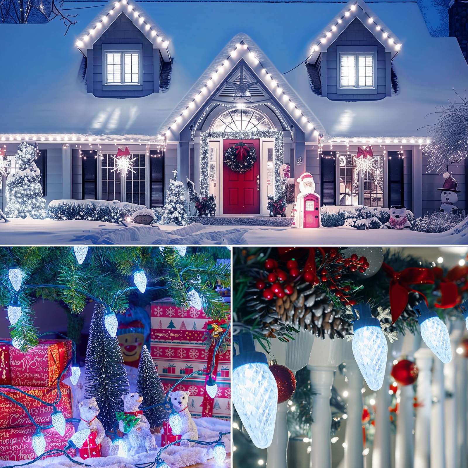 Brightown 33ft 50 LED Waterproof Strawberry Christmas String Lights - C9 Plug-in Extendable Green Wire for Outdoor Indoor Patio Party Decorations (White) - Perfect for Holiday, Wedding, Garden & Home Decoration