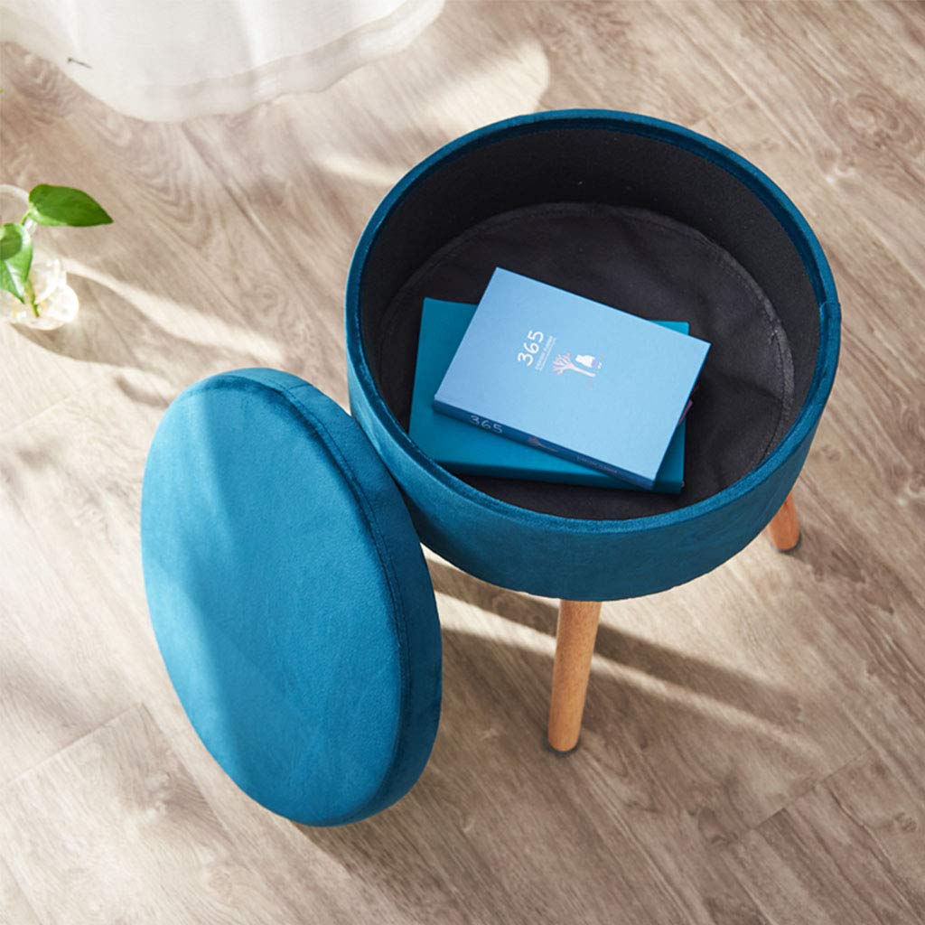 Blue Fabric Upholstered Ottoman Footstool with Removable Flannel Cover - Wooden Storage Stool for Living Room, Bedroom & Lounge Comfort