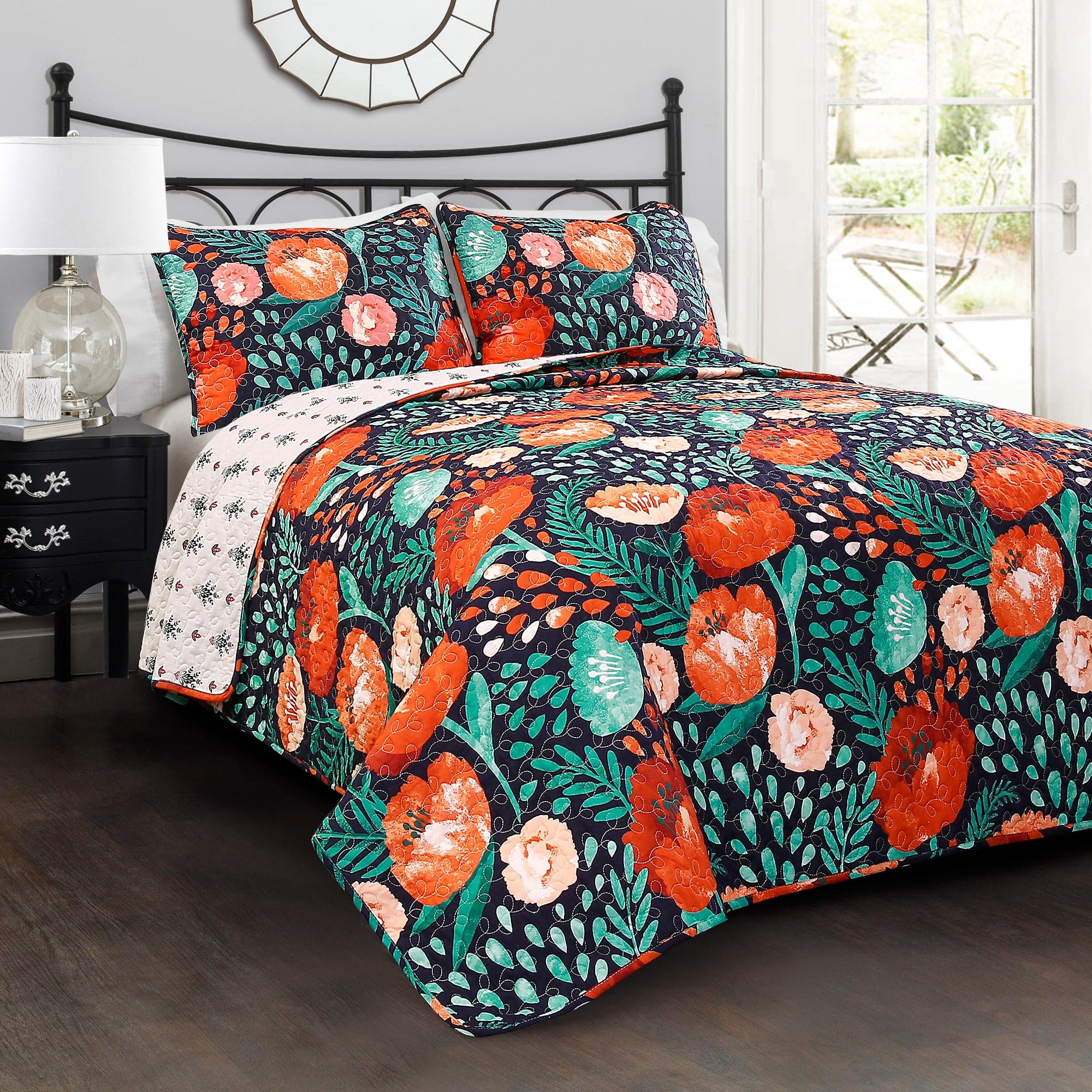 Poppy Garden Quilt 3-Piece Bedding Set - Floral Duvet Cover, Pillow Shams & Bed Skirt - Perfect for Spring & Summer Bedroom Decor