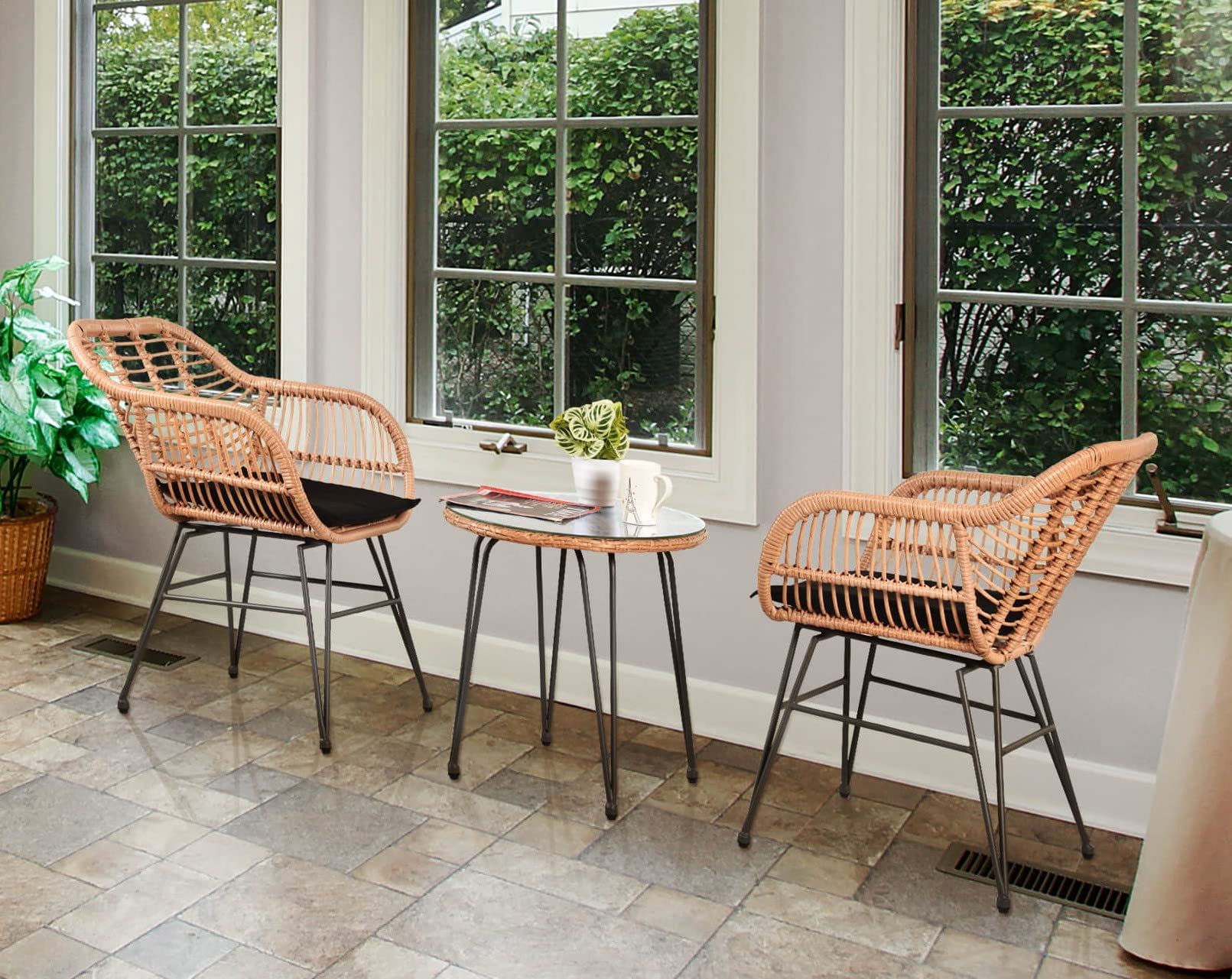 3-Piece Outdoor Wicker Patio Bistro Set with Cushions - PE Rattan Furniture for Garden, Balcony & Backyard - Perfect for Relaxing, Entertaining & Outdoor Dining