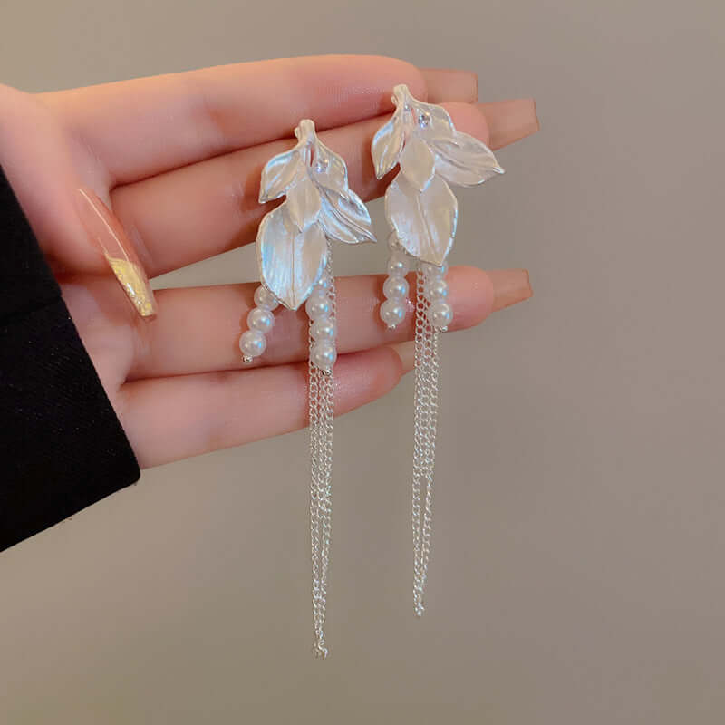 Ivory Pearl Leaf Link Chain Drop Earrings for Women | EH338 | Elegant Dangle Earrings for Wedding, Party & Evening Wear