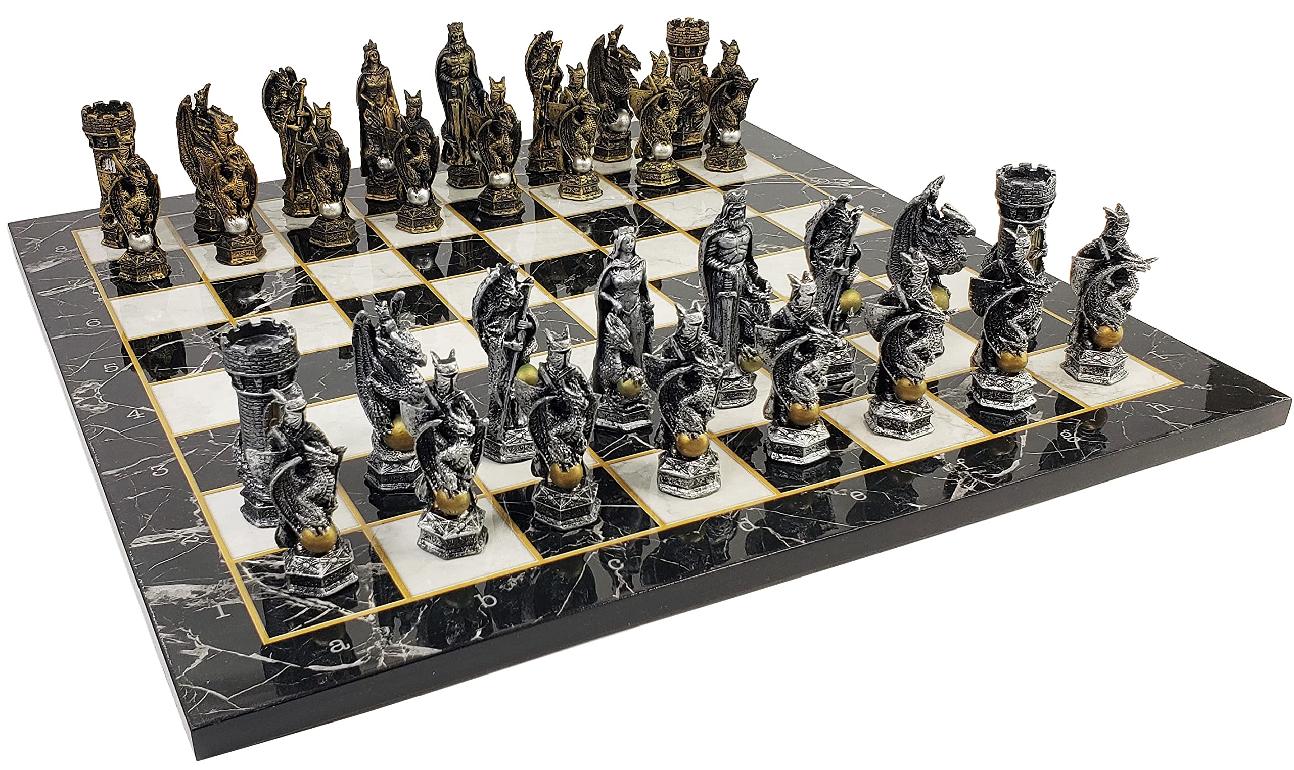 Medieval King Arthur Dragon Chess Set - 17 Inch Black Faux Marble Board | Collectible Fantasy Chess Game for Home Decor, Gift & Game Night