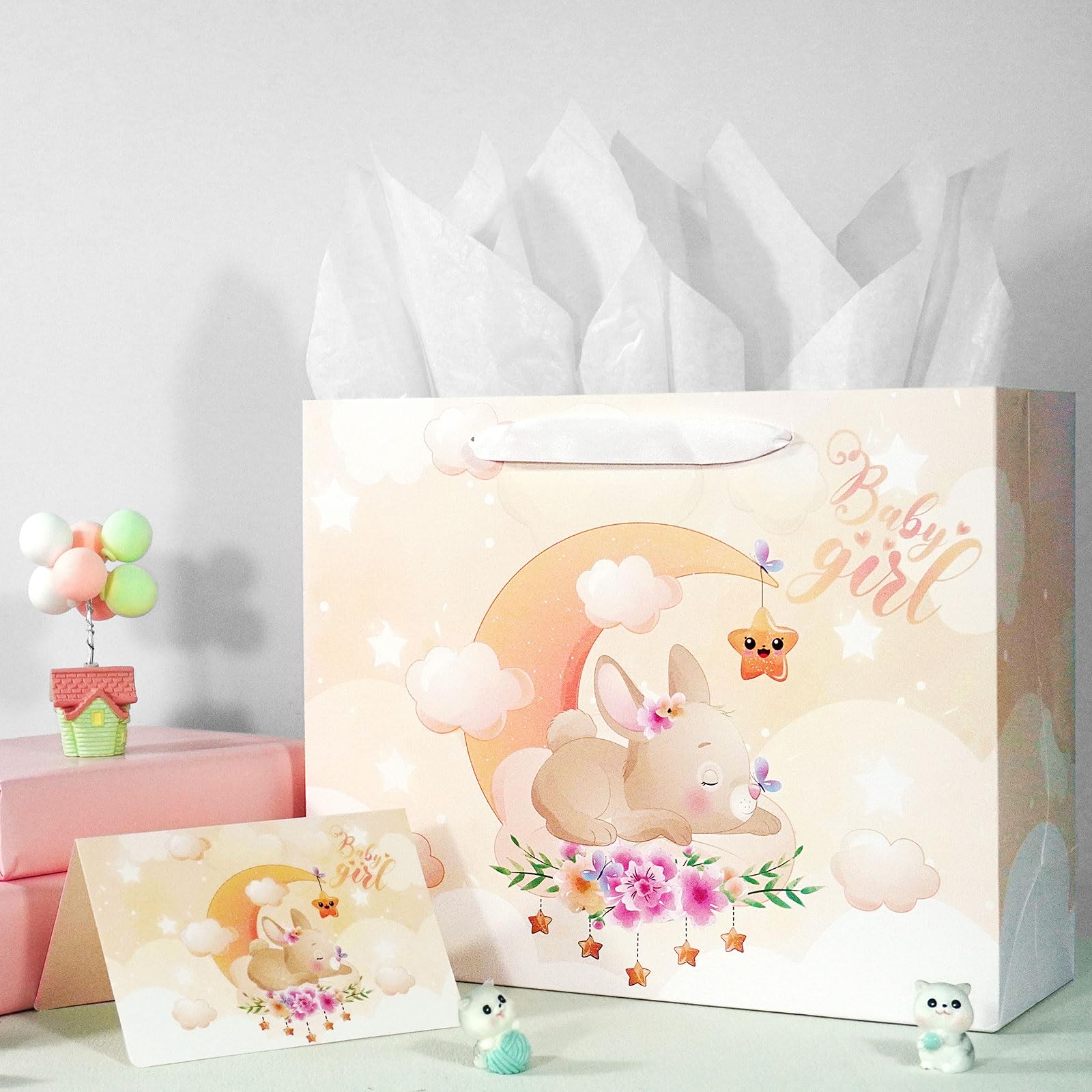 Baby Girl Gift Bag Set with Card & Tissue Paper - 12.6 Inch Party Favor Bags with Handles for Baby Showers, Birthdays, Newborn Celebrations & New Parents - Perfect for Gender Reveals, Christenings & Welcome Home Parties