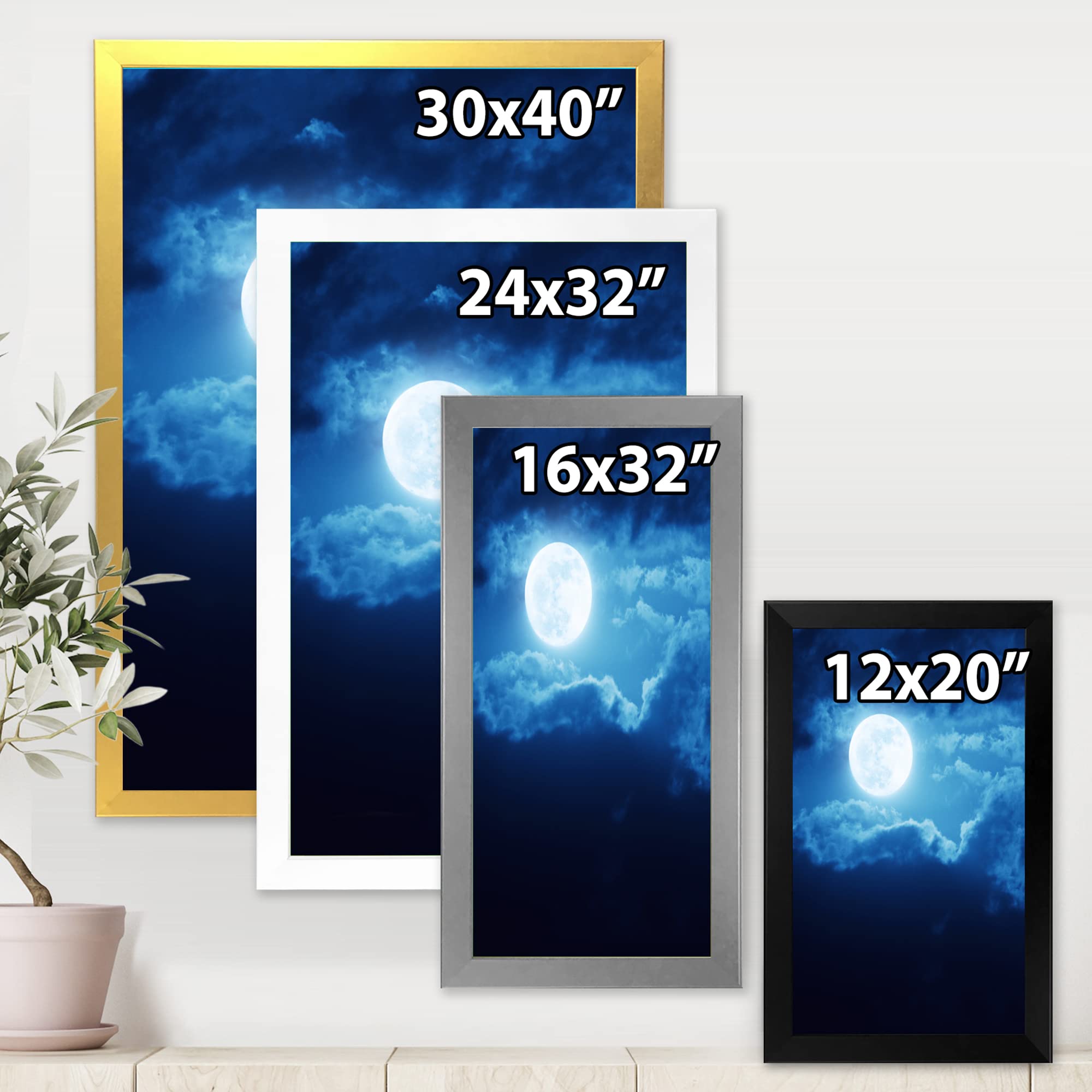 DesignQ Full Moon in Cloudy Night Sky III - Coastal Framed Wall Art Decor for Living Room, Bedroom & Office - Nautical Themed Home Decoration