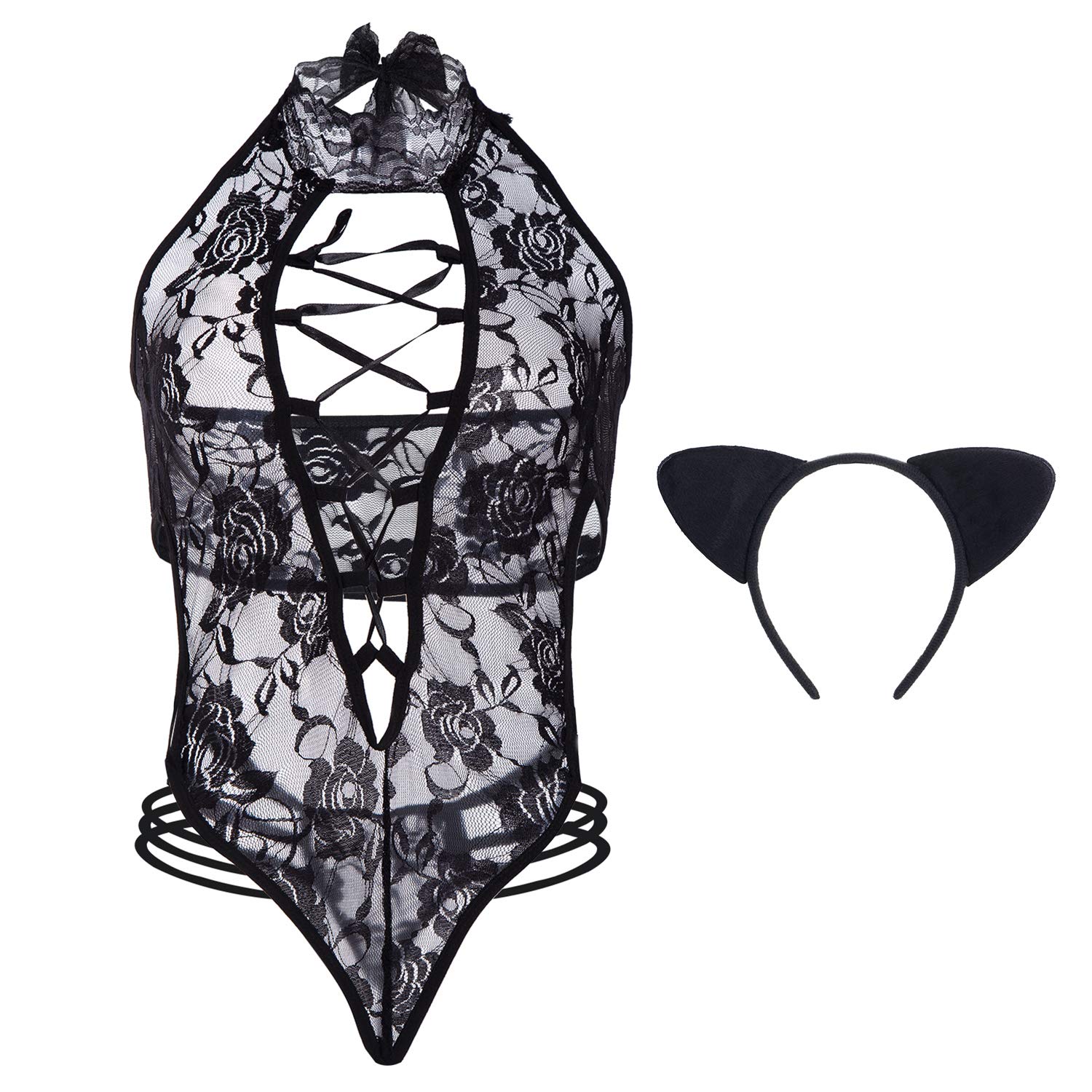 EVBEA Women's Sexy Lingerie Set - Erotic Cat Cosplay Lace Underwear & Pajamas for Valentine's Day, Honeymoon or Romantic Nights | Exotic Lace Design for Seductive Look