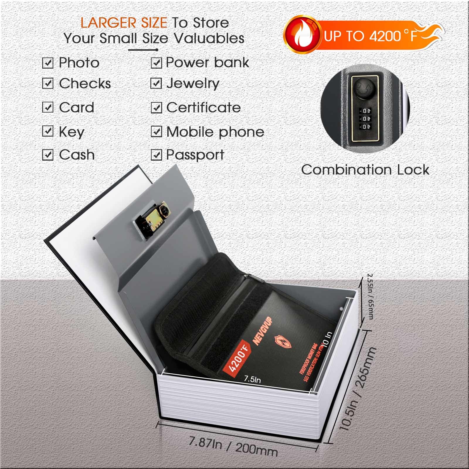 Fireproof Diversion Book Safe with Combination Lock - 4200°F Rated Hidden Storage Box (10.5
