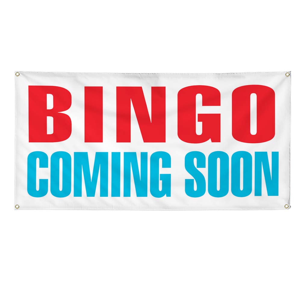 Custom Vinyl Banner - 48x96 Inches, Weatherproof & Durable for Outdoor Use - Red & Blue Bingo Coming Soon Sign with 8 Grommets - Perfect for Business Events, Yard Sales & Industrial Signage