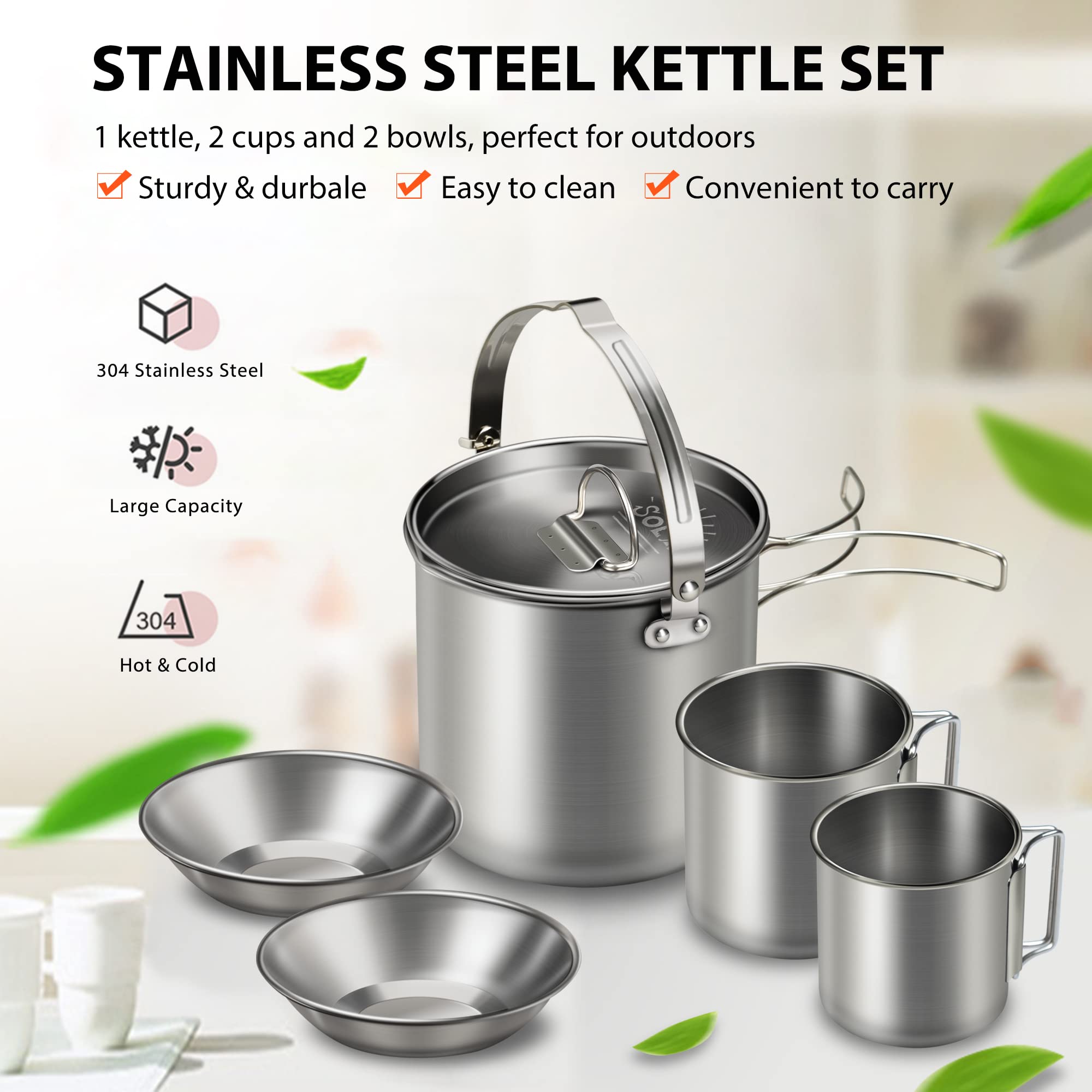 Lixada 5-Piece Stainless Steel Camping Cookware Set - Portable Kettle with 2 Cups, 2 Bowls & Foldable Handles - Perfect for Camping, Hiking, Picnics & Outdoor Adventures - Ideal for Boiling Water, Making Coffee, Tea & Cooking Meals in Nature