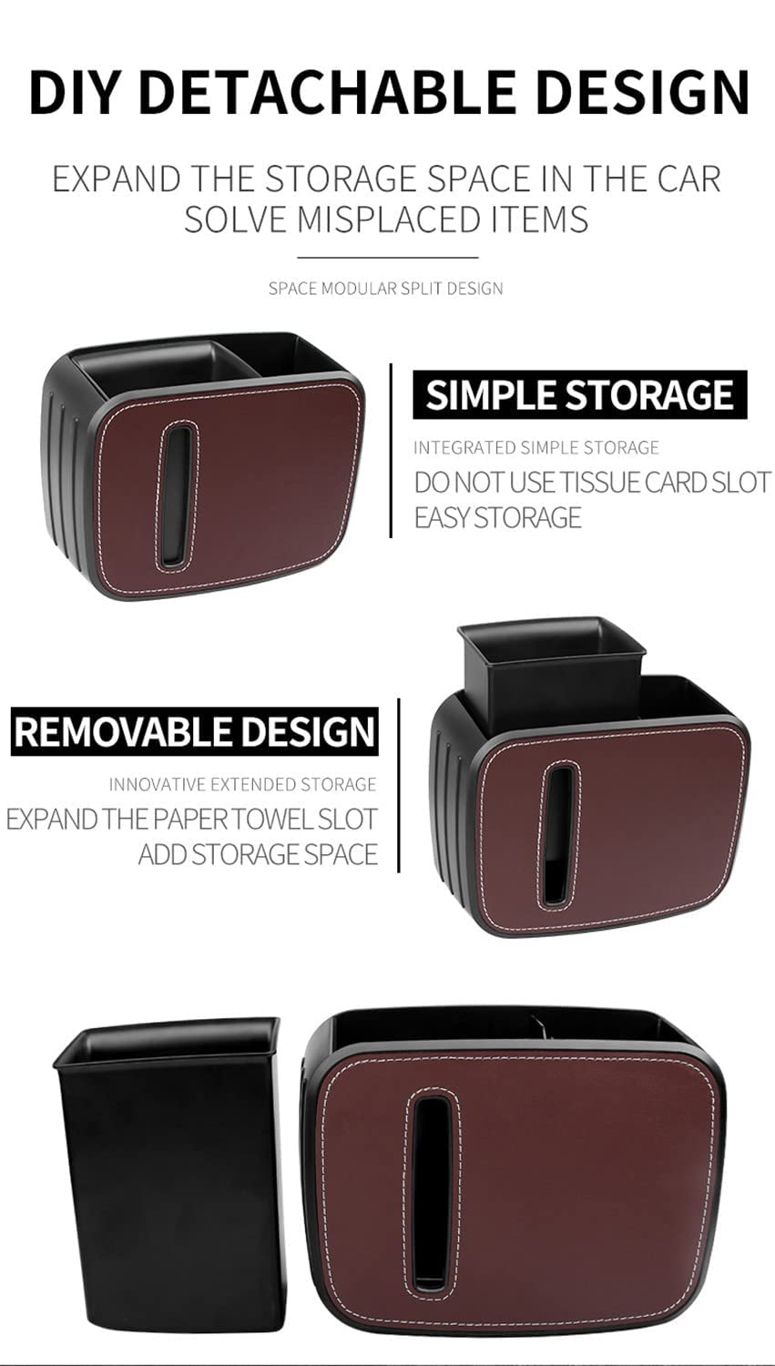 3 in 1 Detachable Car Seat Back Storage Organizer - Multifunctional PU Leather Auto Accessory with Trash Bin, Tissue Box & Cup Holder | Perfect for Road Trips, Family Travel & Daily Commute (Brown)