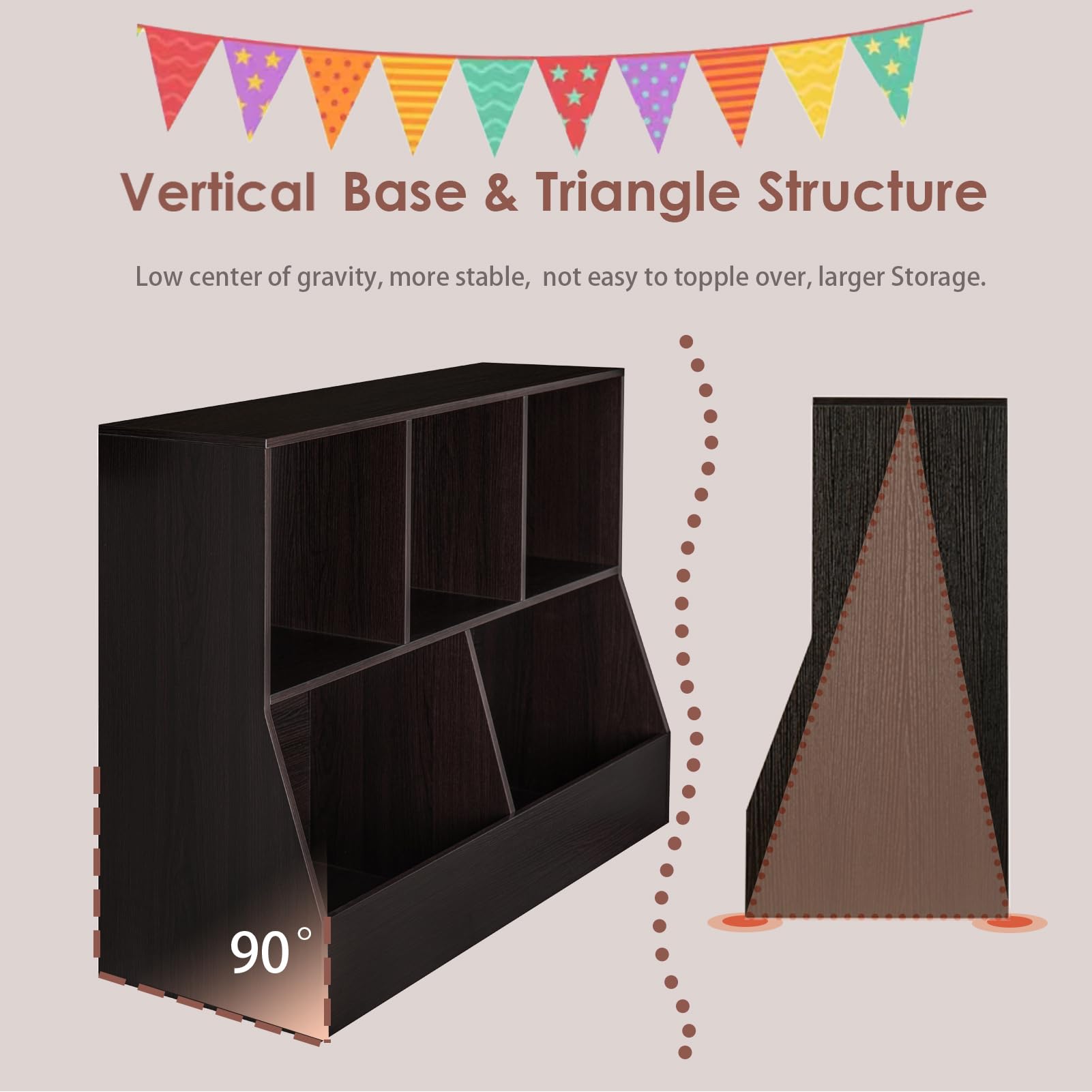 DINZI LVJ 5-Cubby Wooden Toy Storage Organizer & Kids Bookshelf - Espresso Finish, 39.4